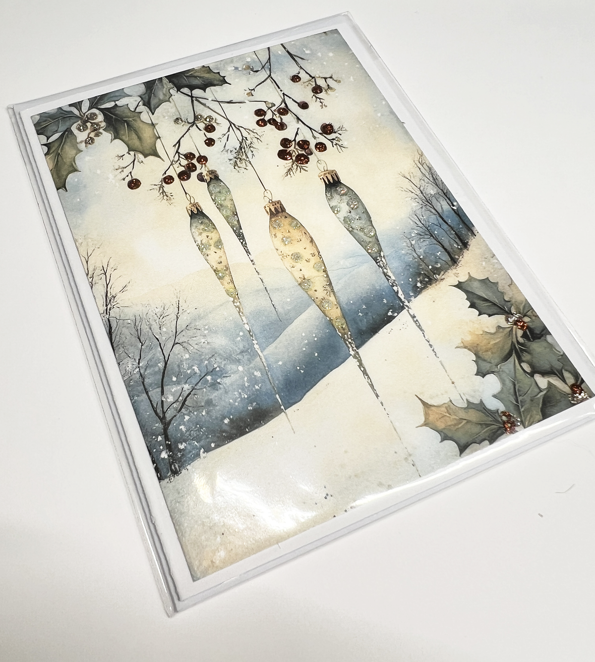 Holiday Winter Greeting Card - Ornaments in Snow