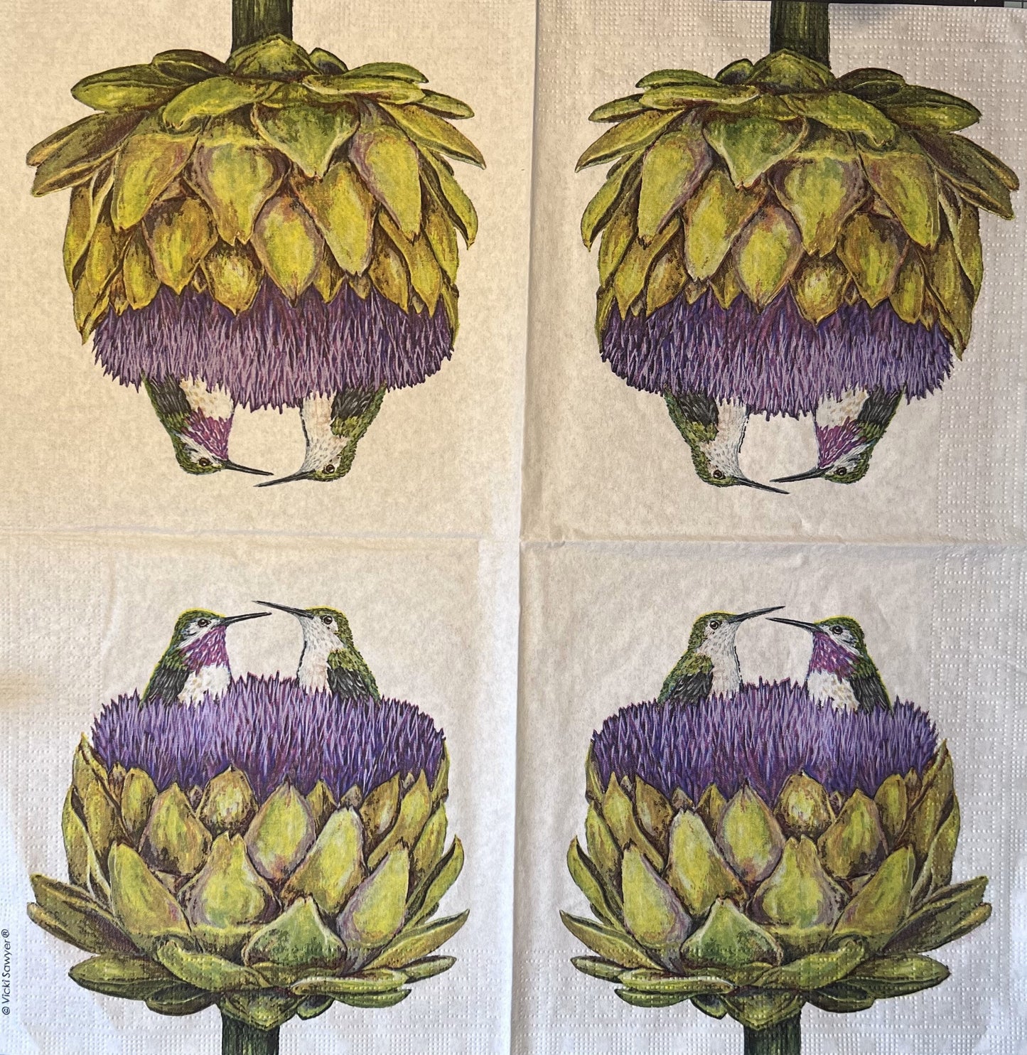 Artistic napkins with Chickens barnyard, hummingbird illustrations, mixed media, collage, Paper crafting (etsy image id: 4805697390)