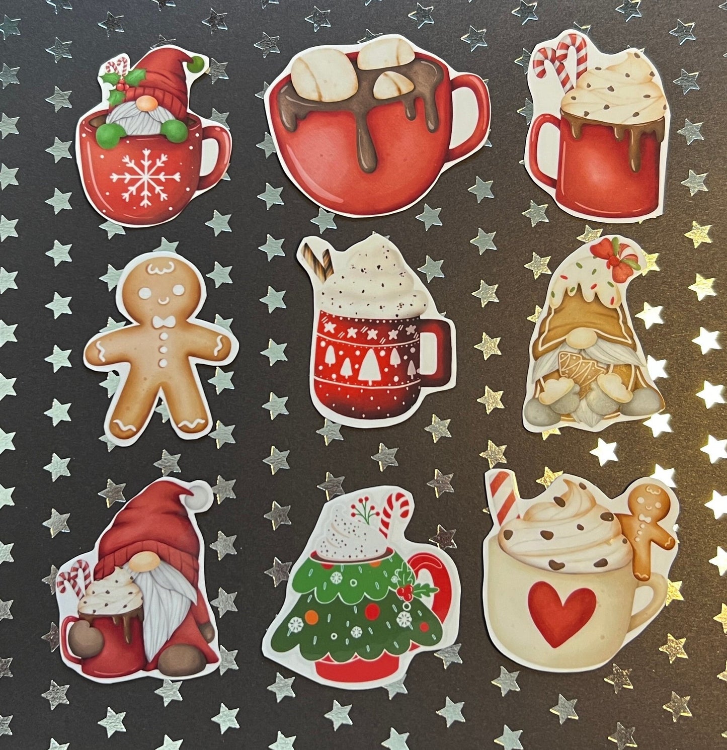 Set of nine small Winter Christmas stickers, coated with peel off back (etsy image id: 5573908948)