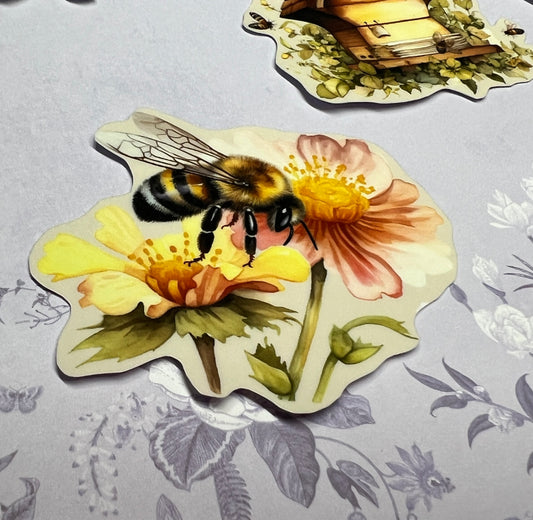 Bee on flower sticker (etsy image id: 5624305636)