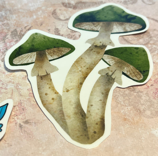 green and cream trio of mushroom image, kiss cut vinyl sticker (etsy image id: 5652003203)