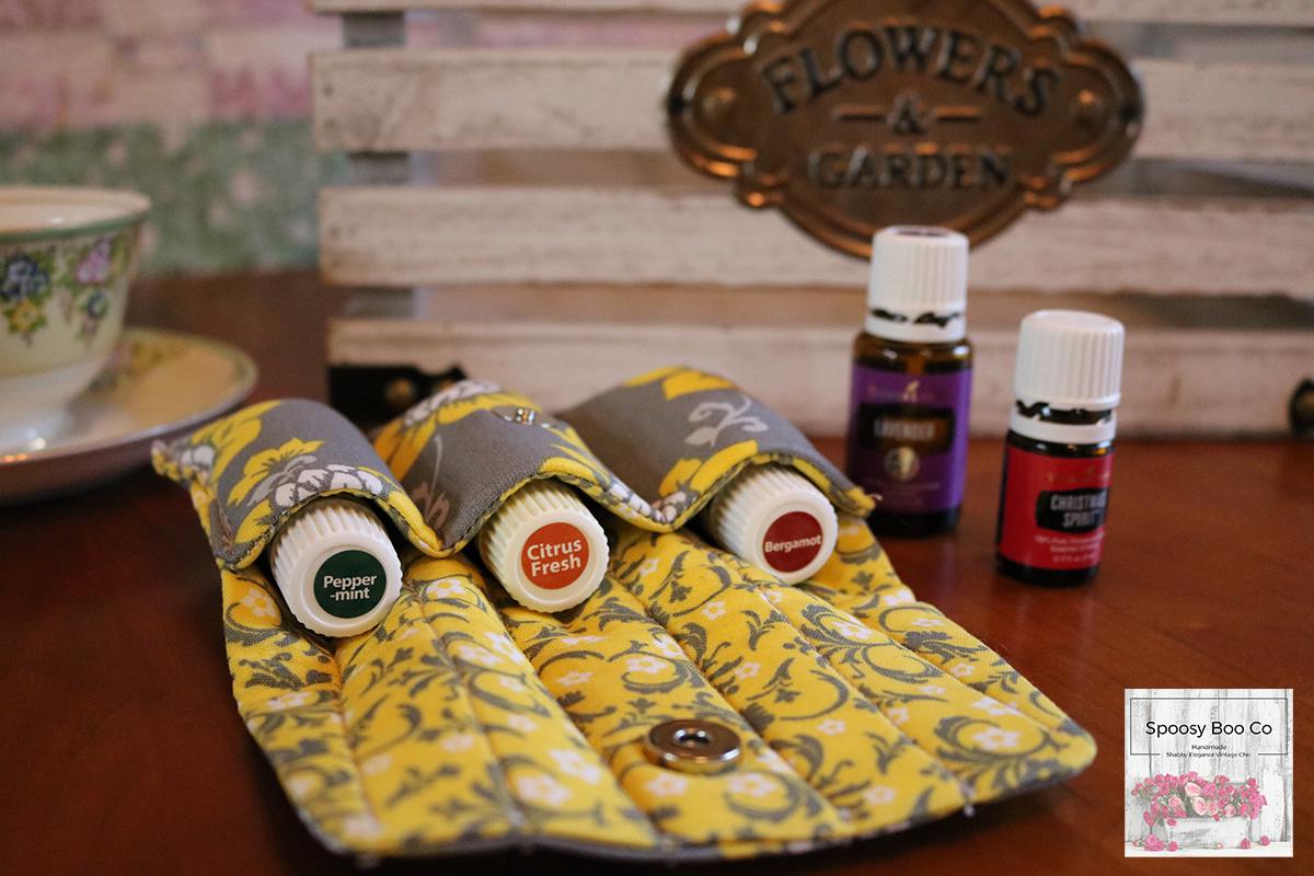 Essential Oil Bag 3 bottle capacity snap closure Grey with Yellow flowers Padded Handmade (etsy image id: 6528065576)