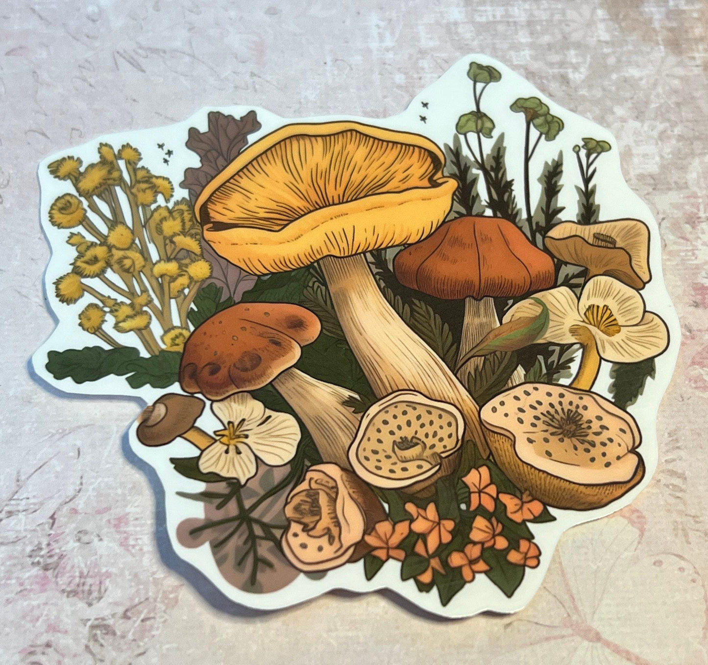 Mushroom sticker with upturned mushroom image and other background plants and smaller mushrooms under the larger mushroom fall colors. (etsy image id: 6568238260)
