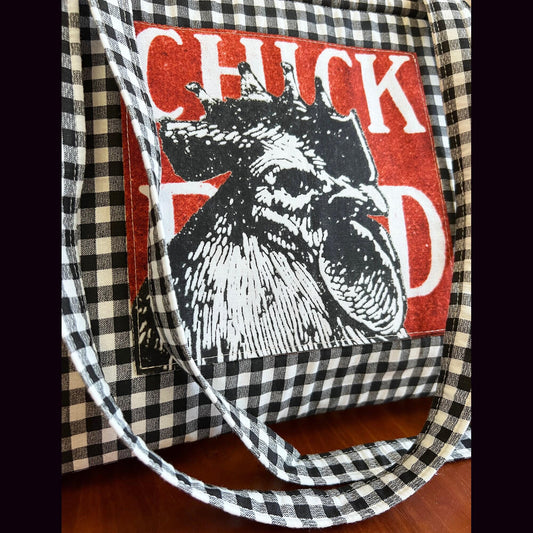 Chicken Market Tote: Black Gingham Handbag with Snap Closure (etsy image id: 7760614542)