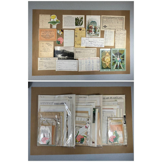 This shows a collection of vintage and antique paper ephemera in full pages and smaller items (etsy image id: 7760616442)