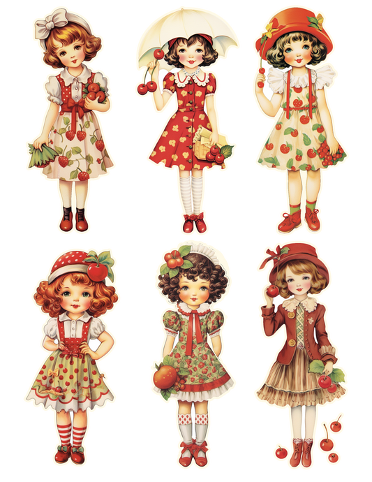Cherry Girls, Paper Dolls, Set of 6, 3 sets available 2 1/2 Inch size