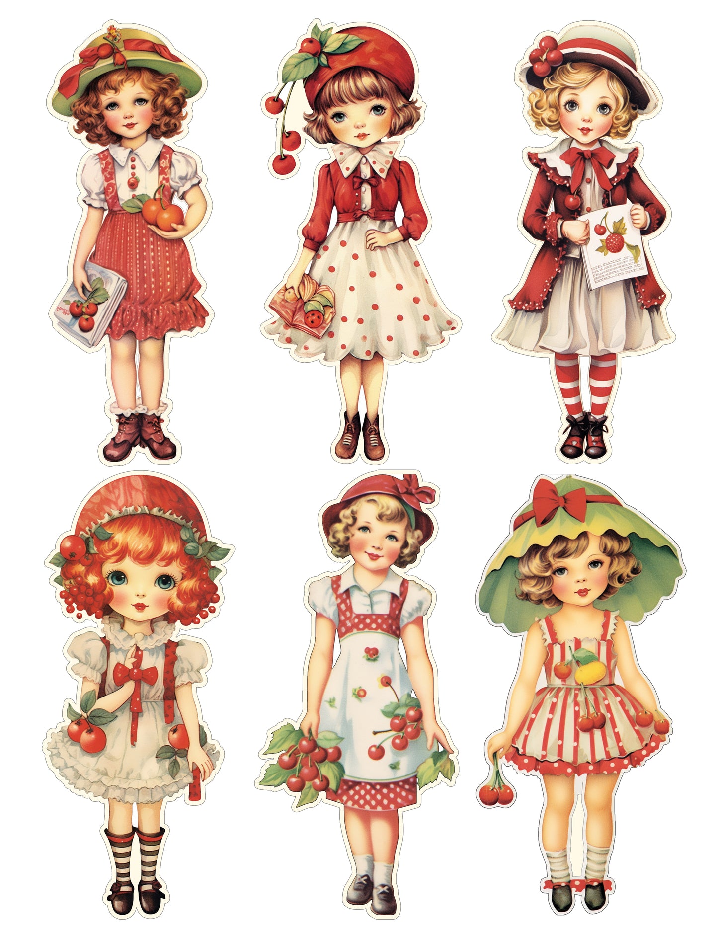 Cherry Girls, Paper Dolls, Set of 6, 3 sets available 2 1/2 Inch size