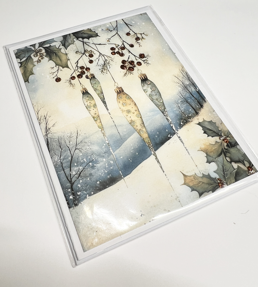 Holiday Winter Greeting Card - Ornaments in Snow