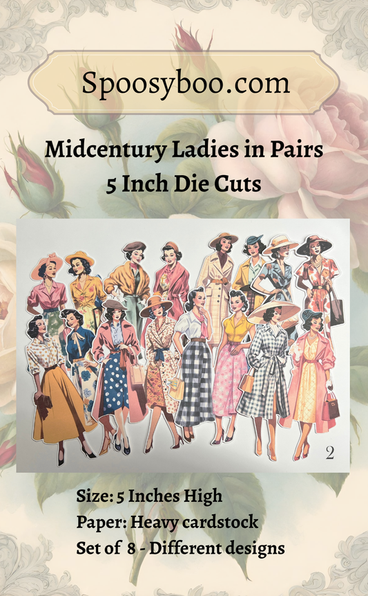 Promotional graphic for a cardstock paper set featuring mid-century women in pairs, with text reading 'Spoosyboo.com', 'Midcentury Ladies in Pairs', '5 Inch Die Cuts', size details, and a central illustration of multiple vintage-style women in colorful dresses and hats.
