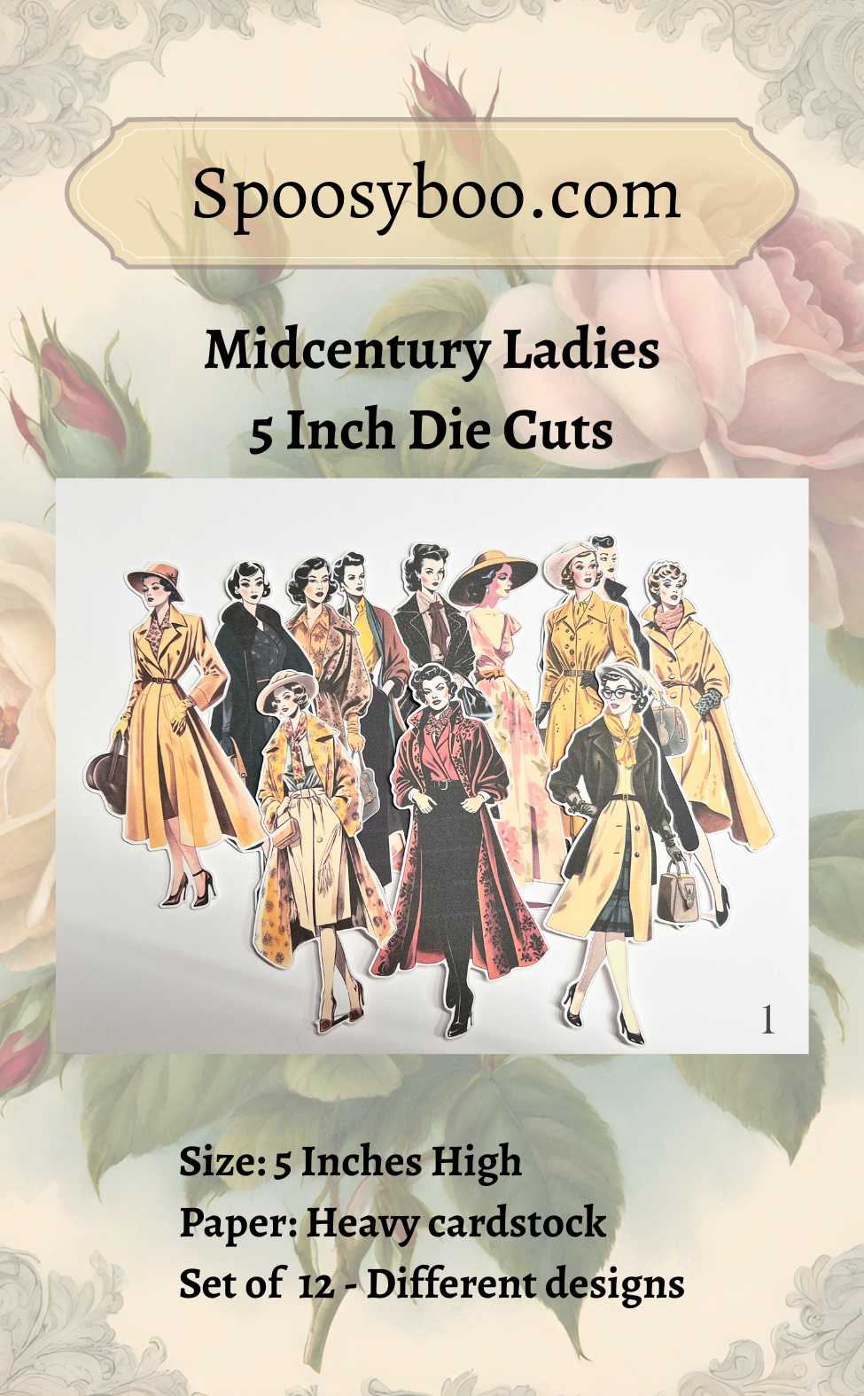 graphic for 'Midcentury Ladies 5 Inch Die Cuts' by Spoosyboo.com, showing an illustration of a group of women in vintage dresses on a white cardstock sample, with text detailing size and paper type against a floral background.