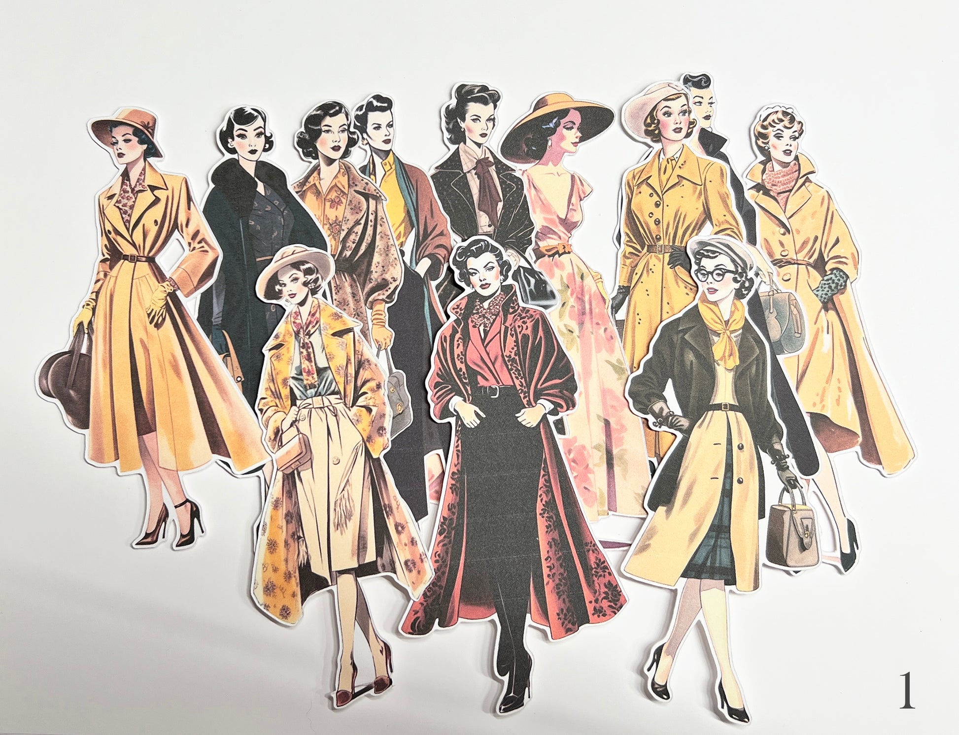 A set of vintage-style illustrated fashion cutouts showing multiple women in different outfits, including trench coats, hats, and dresses, arranged on a plain light background. Mid Century styles.
