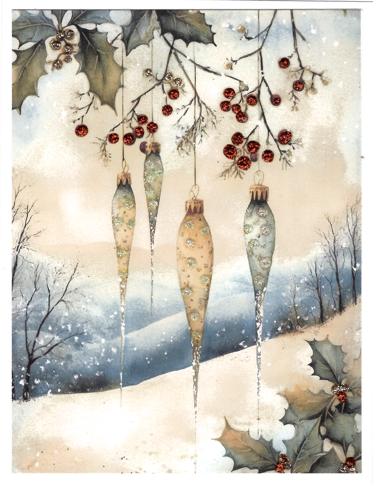 Holiday Winter Greeting Card - Ornaments in Snow