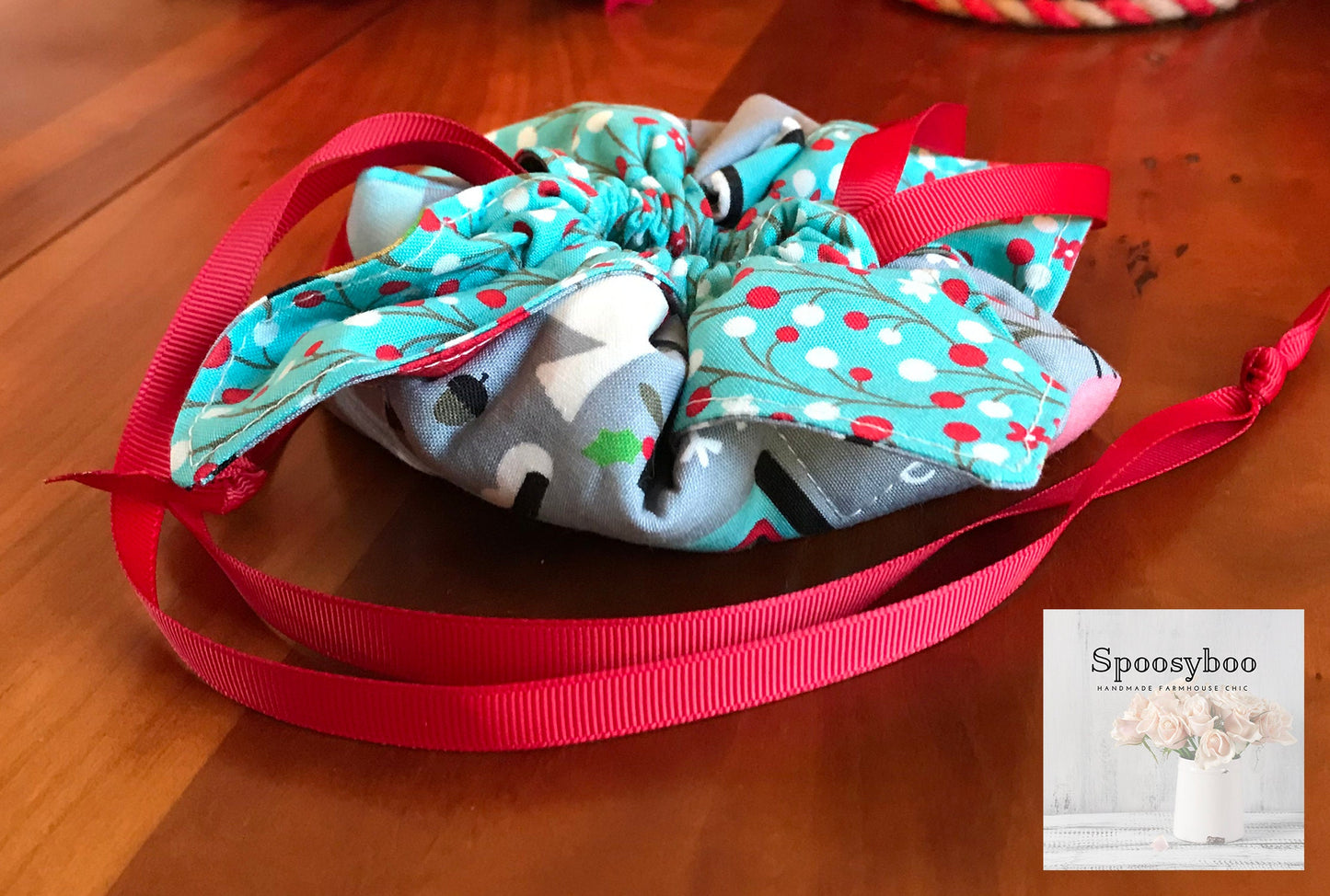 8-Bottle Drawstring Pouch: Teal Blue Berries, Red Grosgrain Ribbon (etsy image id: 1682862206)