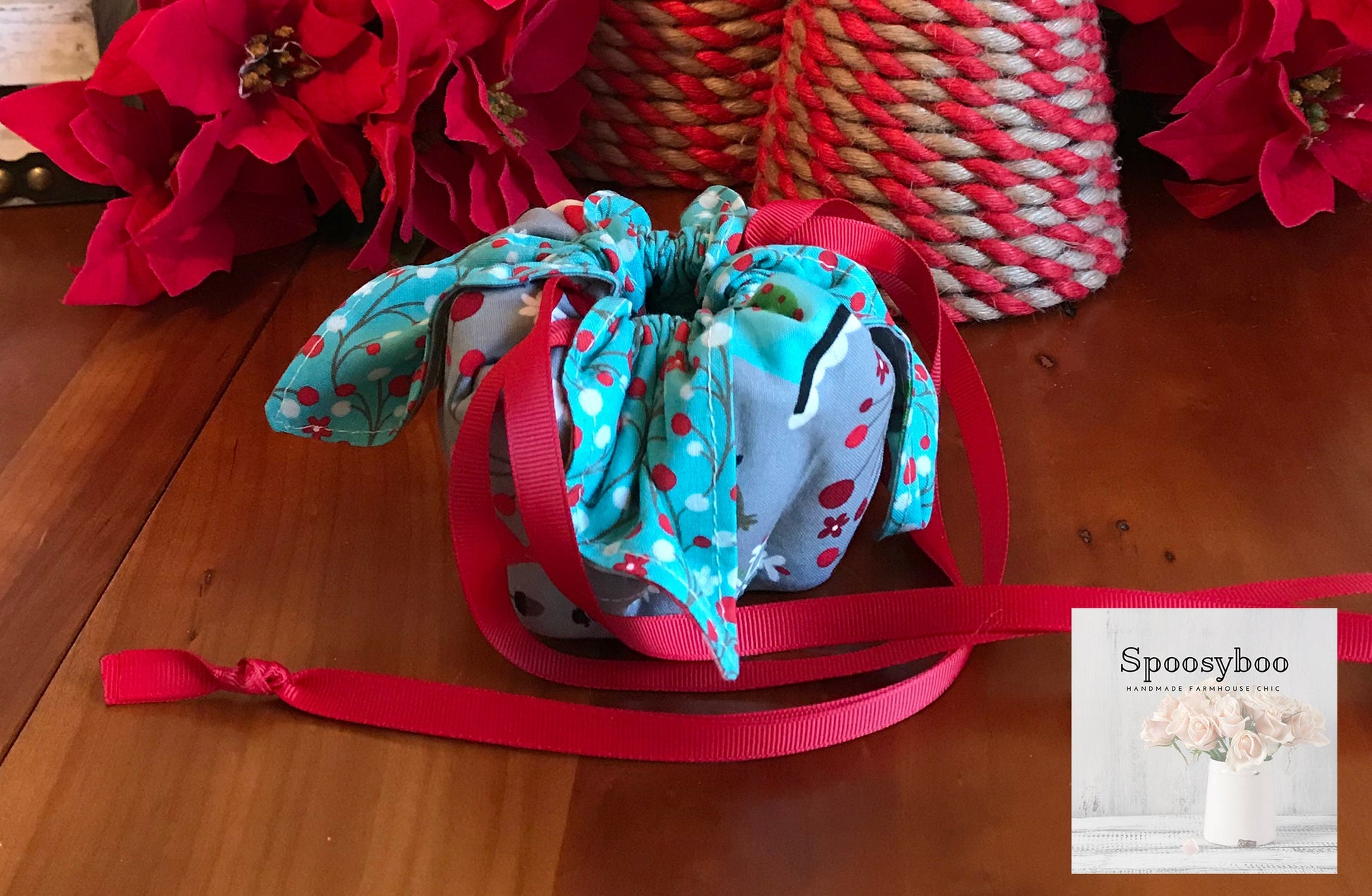 8-Bottle Drawstring Pouch: Teal Blue Berries, Red Grosgrain Ribbon (etsy image id: 1682862214)