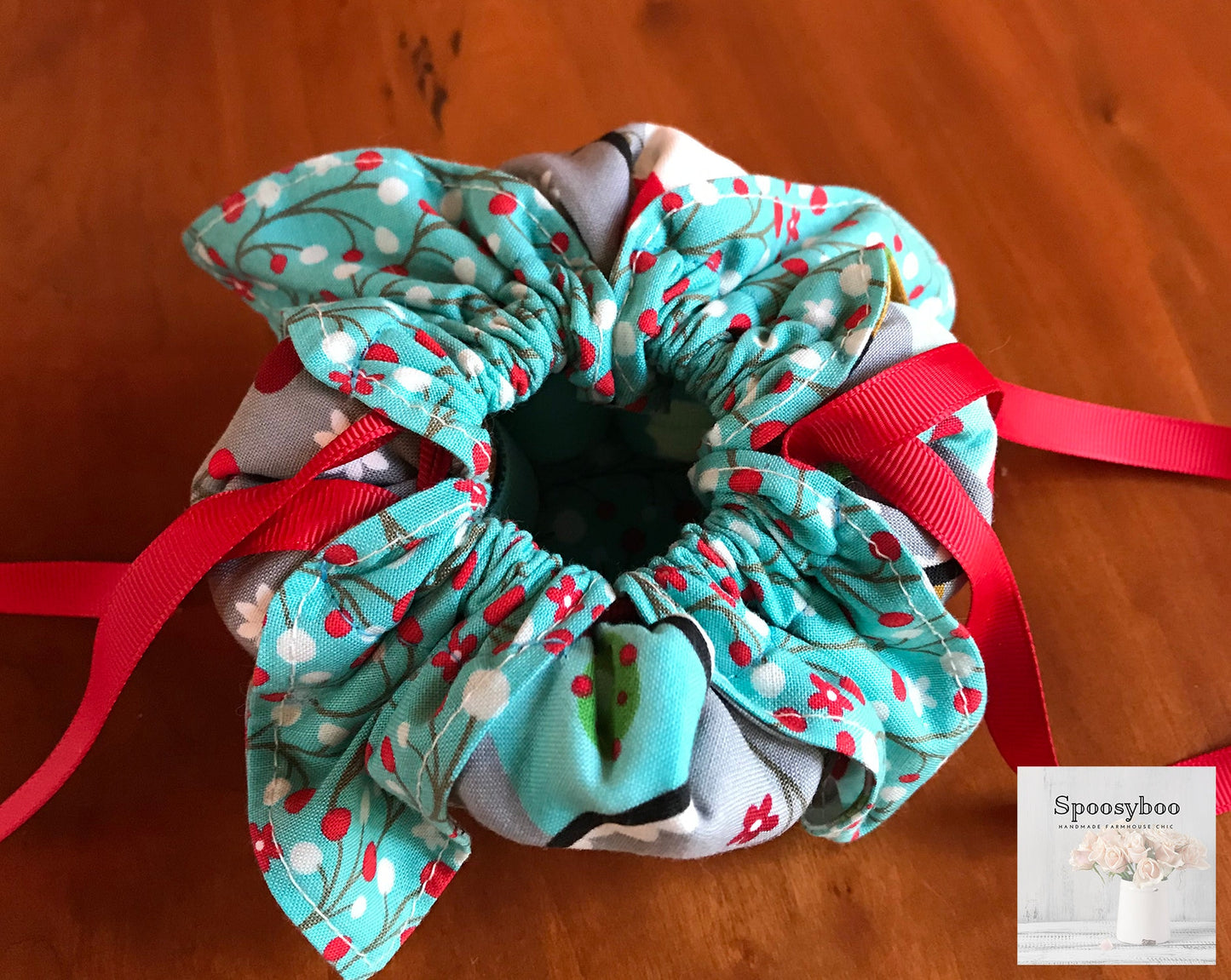 8-Bottle Drawstring Pouch: Teal Blue Berries, Red Grosgrain Ribbon (etsy image id: 1682862222)