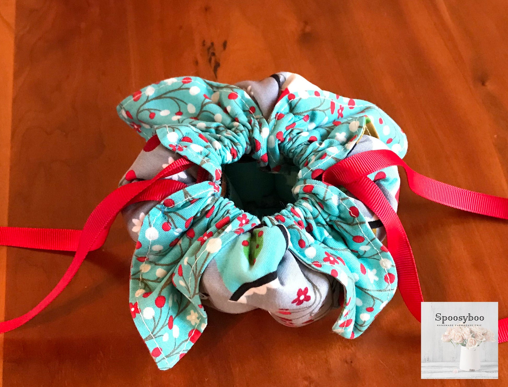 8-Bottle Drawstring Pouch: Teal Blue Berries, Red Grosgrain Ribbon (etsy image id: 1730331145)