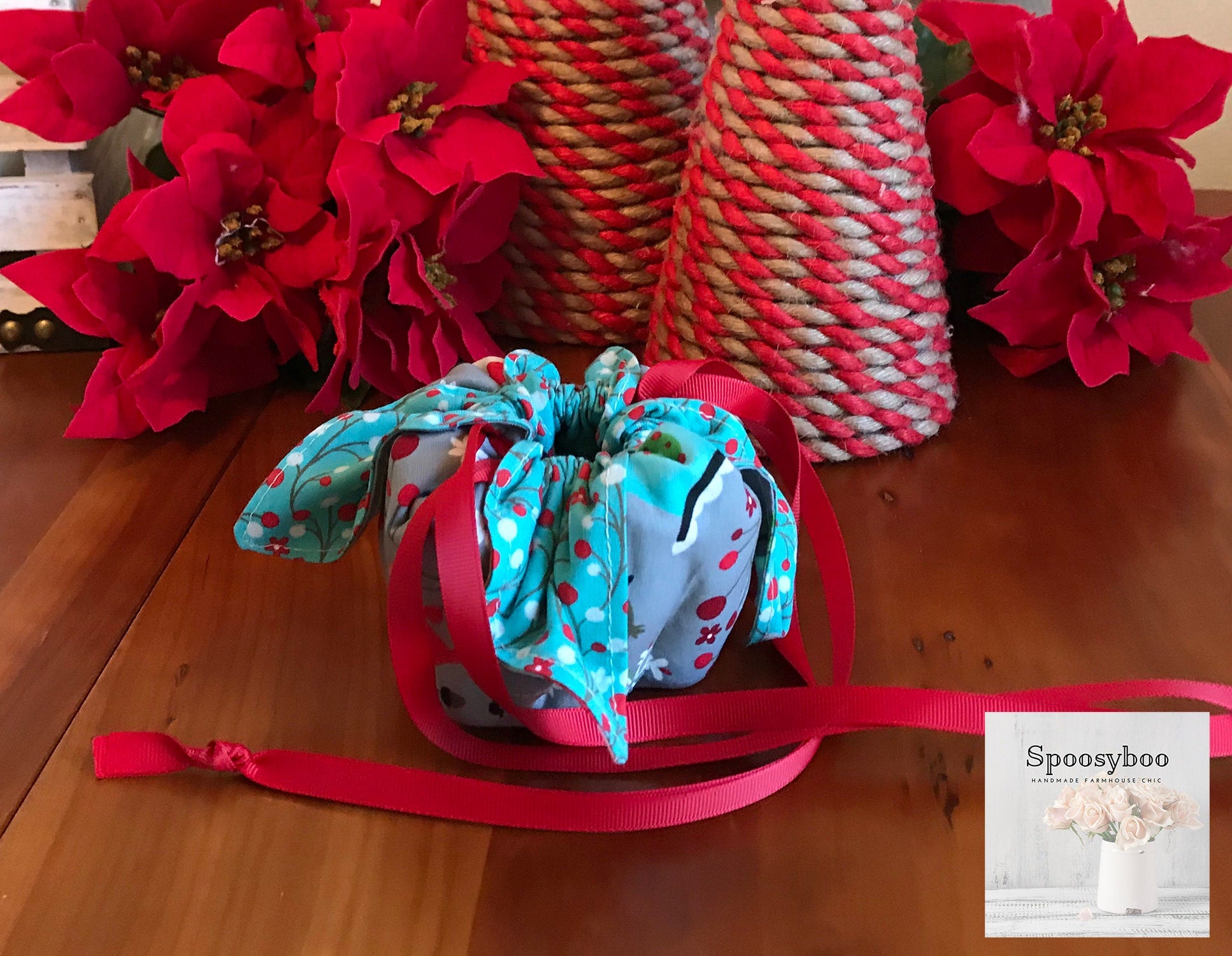 8-Bottle Drawstring Pouch: Teal Blue Berries, Red Grosgrain Ribbon (etsy image id: 1730331163)