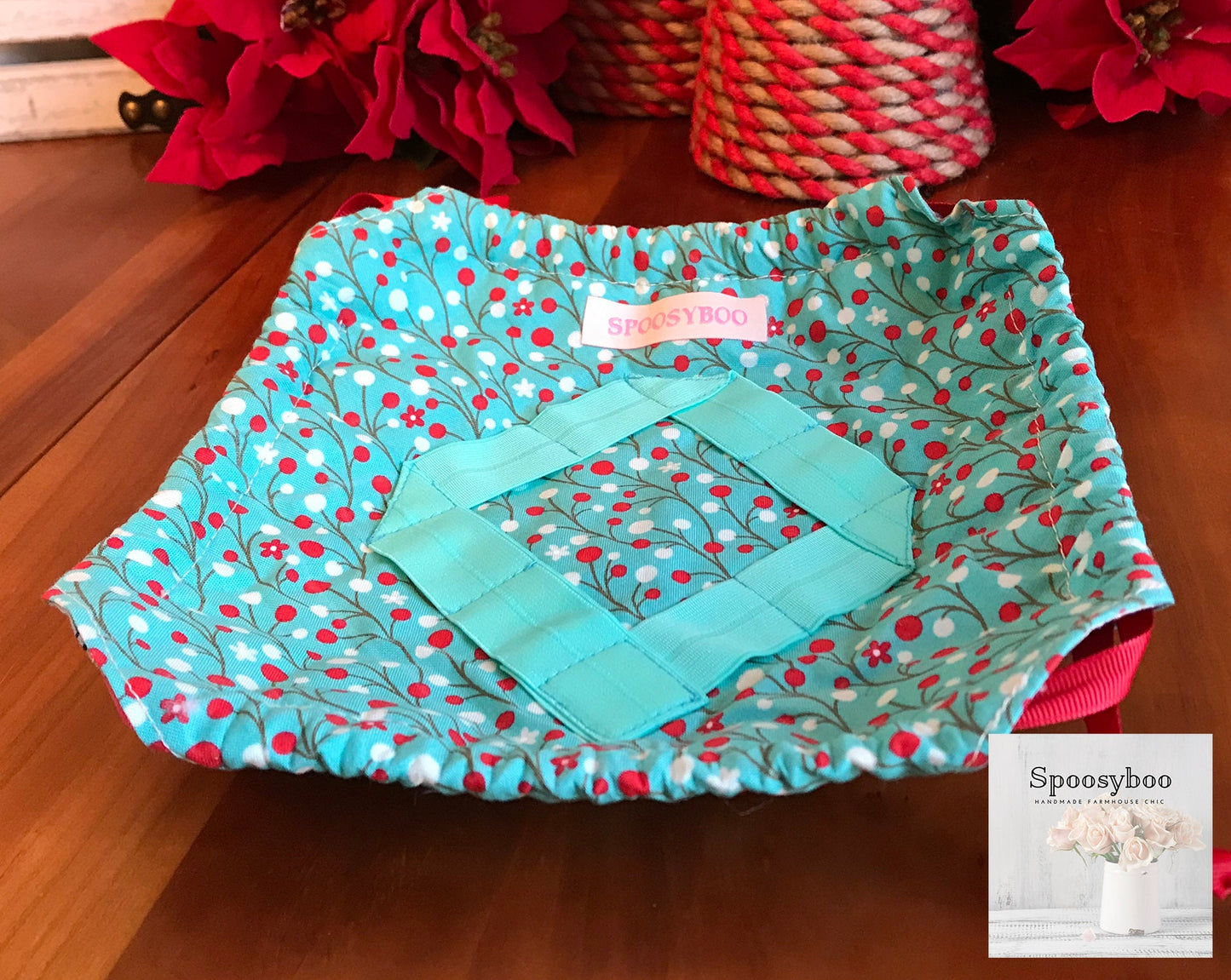 8-Bottle Drawstring Pouch: Teal Blue Berries, Red Grosgrain Ribbon (etsy image id: 1730331199)