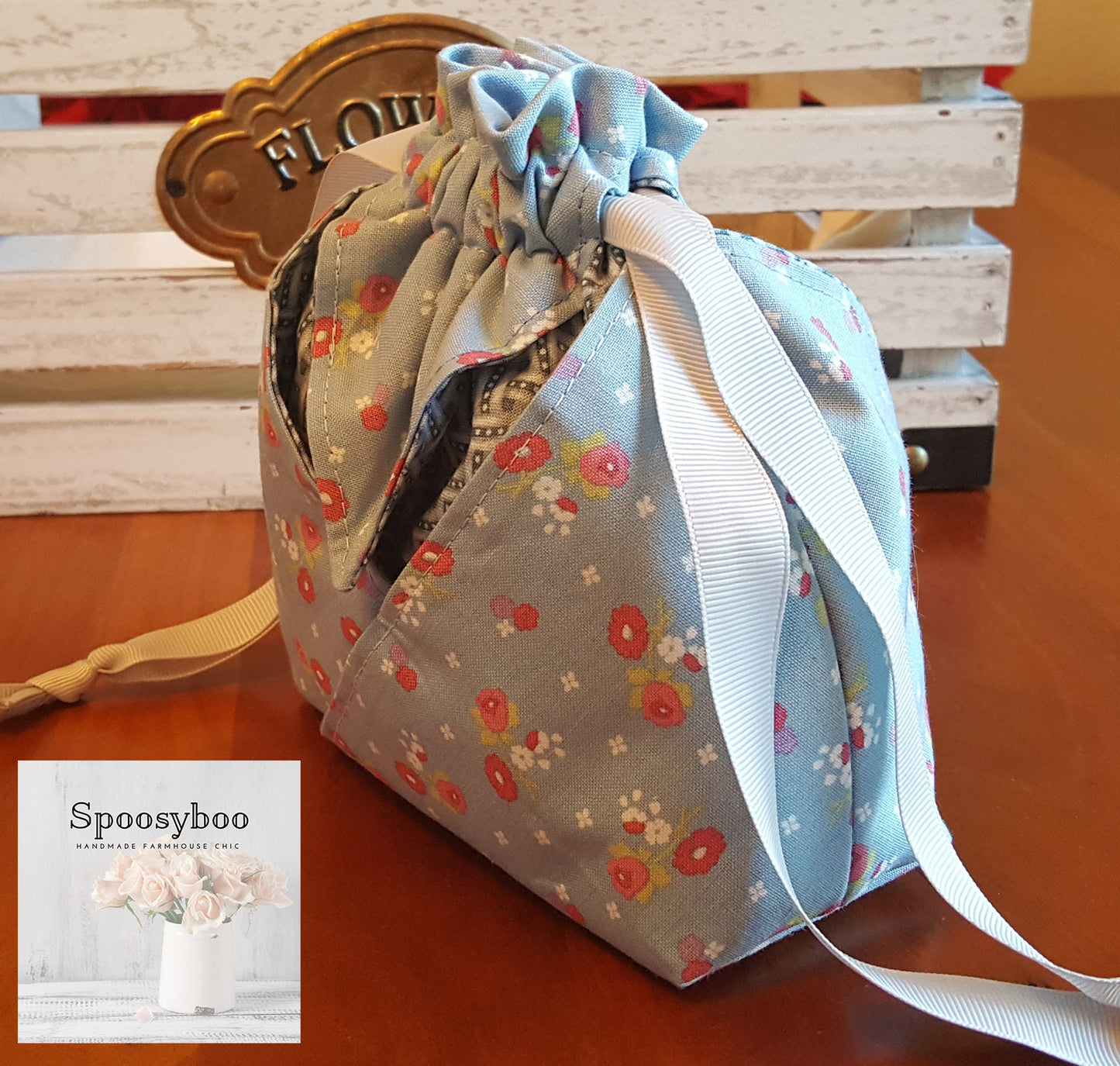 Floral Drawstring Bag: Handmade Blue Basket Weave Fabric (etsy image id: 1738003607)