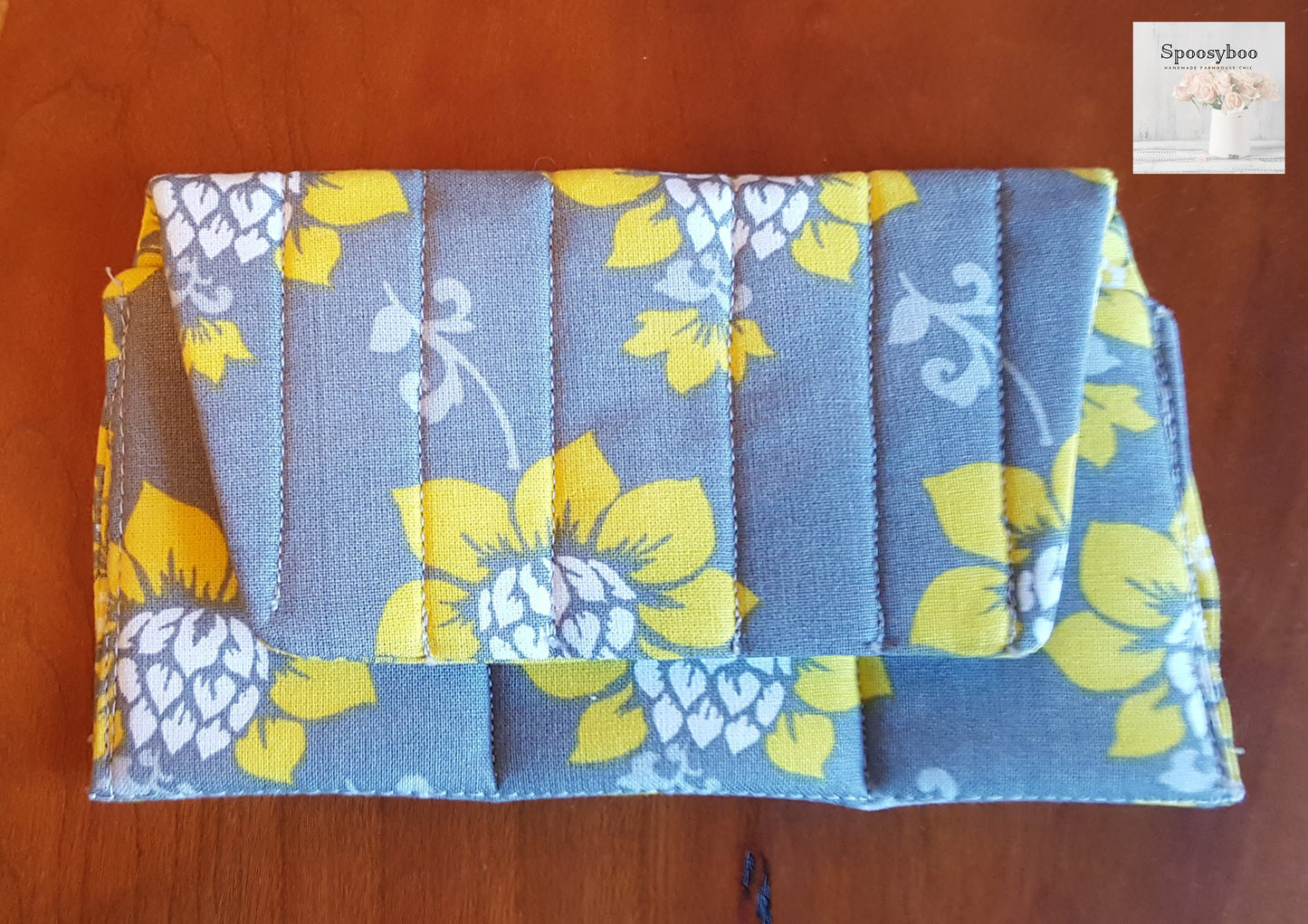 Essential Oil Bag 3 bottle capacity snap closure Grey with Yellow flowers Padded Handmade (etsy image id: 1738035119)