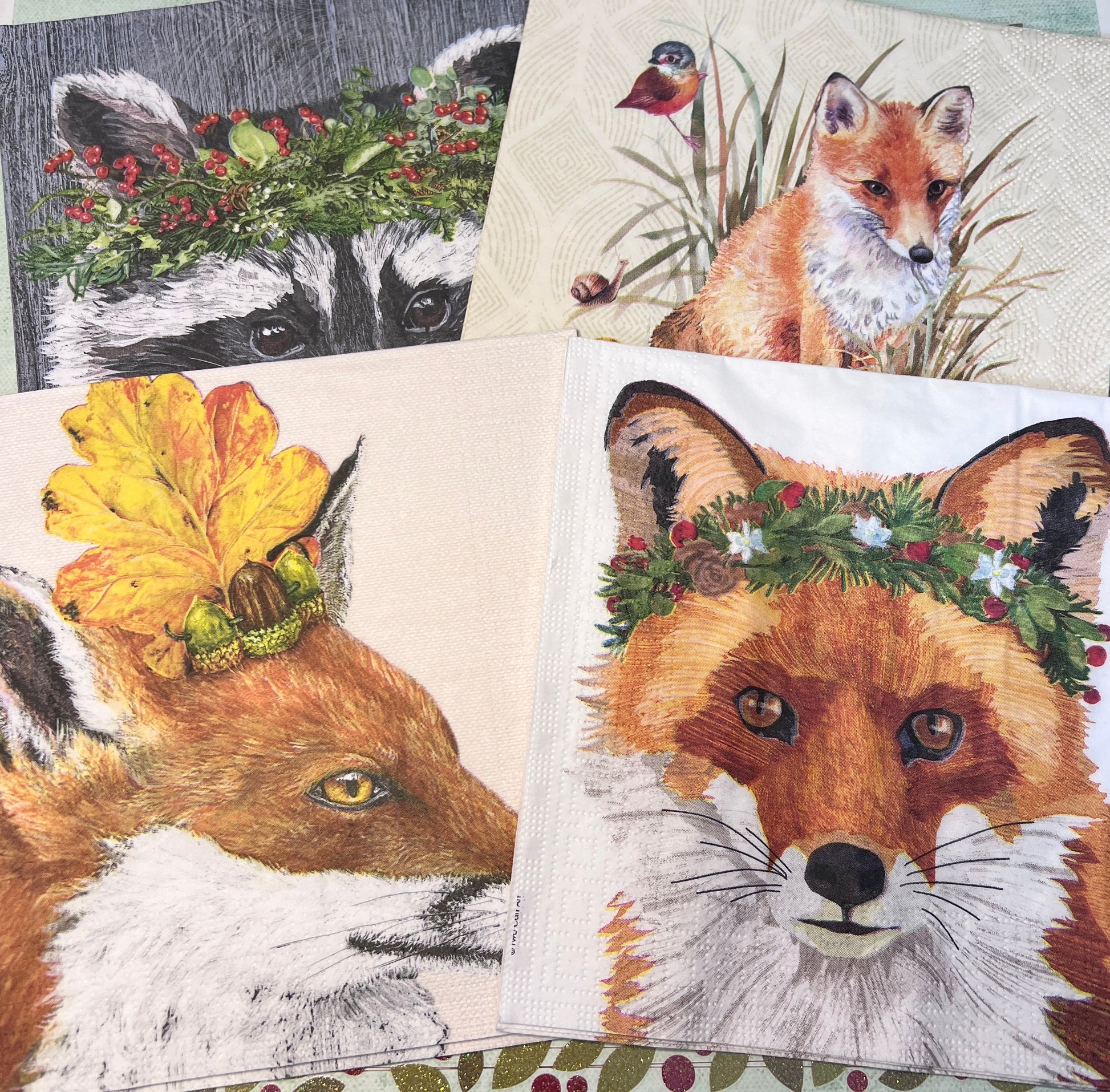 Christmas Foxes, Christmas Raccoon, Collage, decoupage supplies (etsy image id: 4386914229)