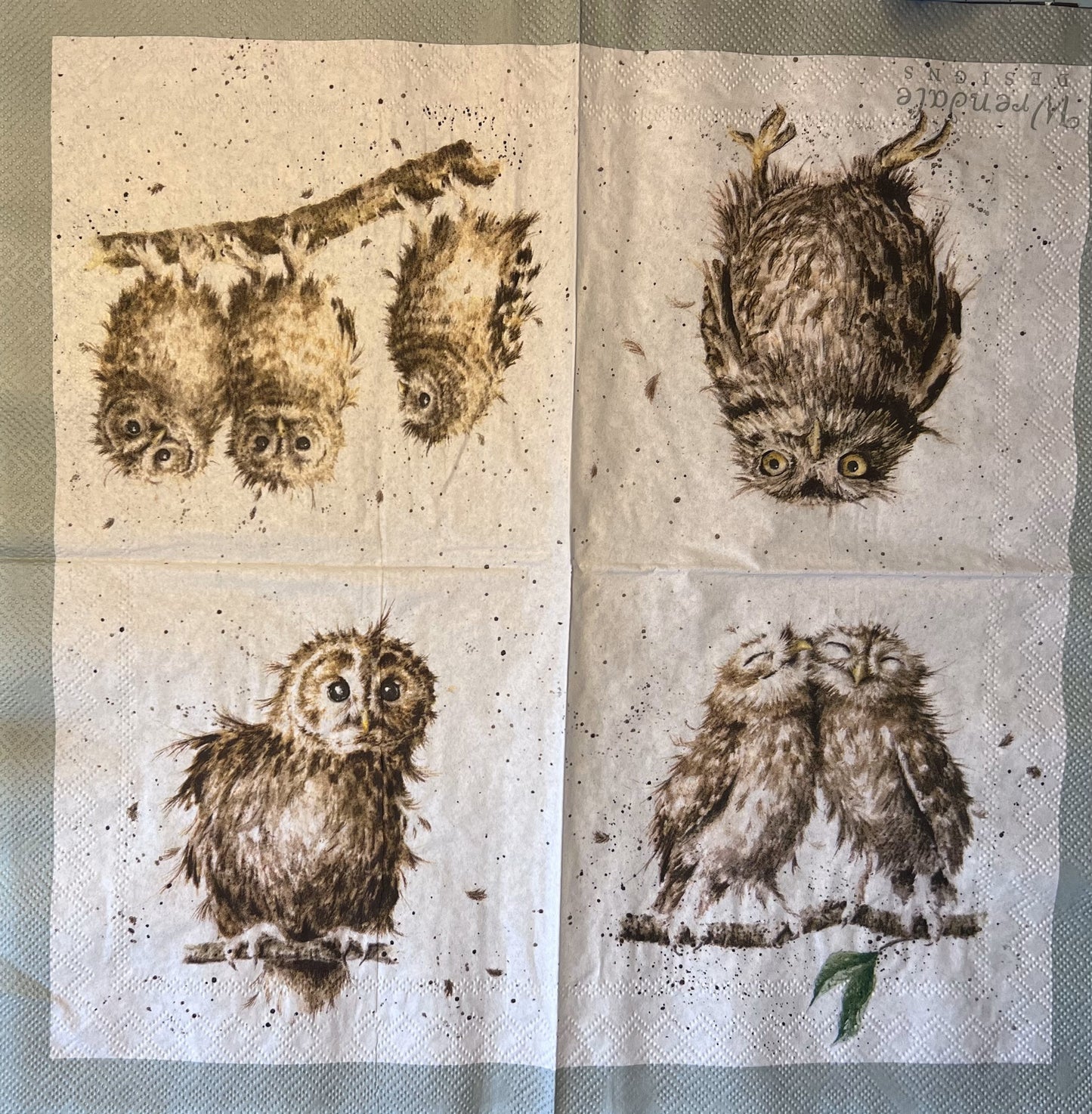 This image shows you the four different owl illustration on this napkin, one in each quadrant of the folded napkin (etsy image id: 4803897442)