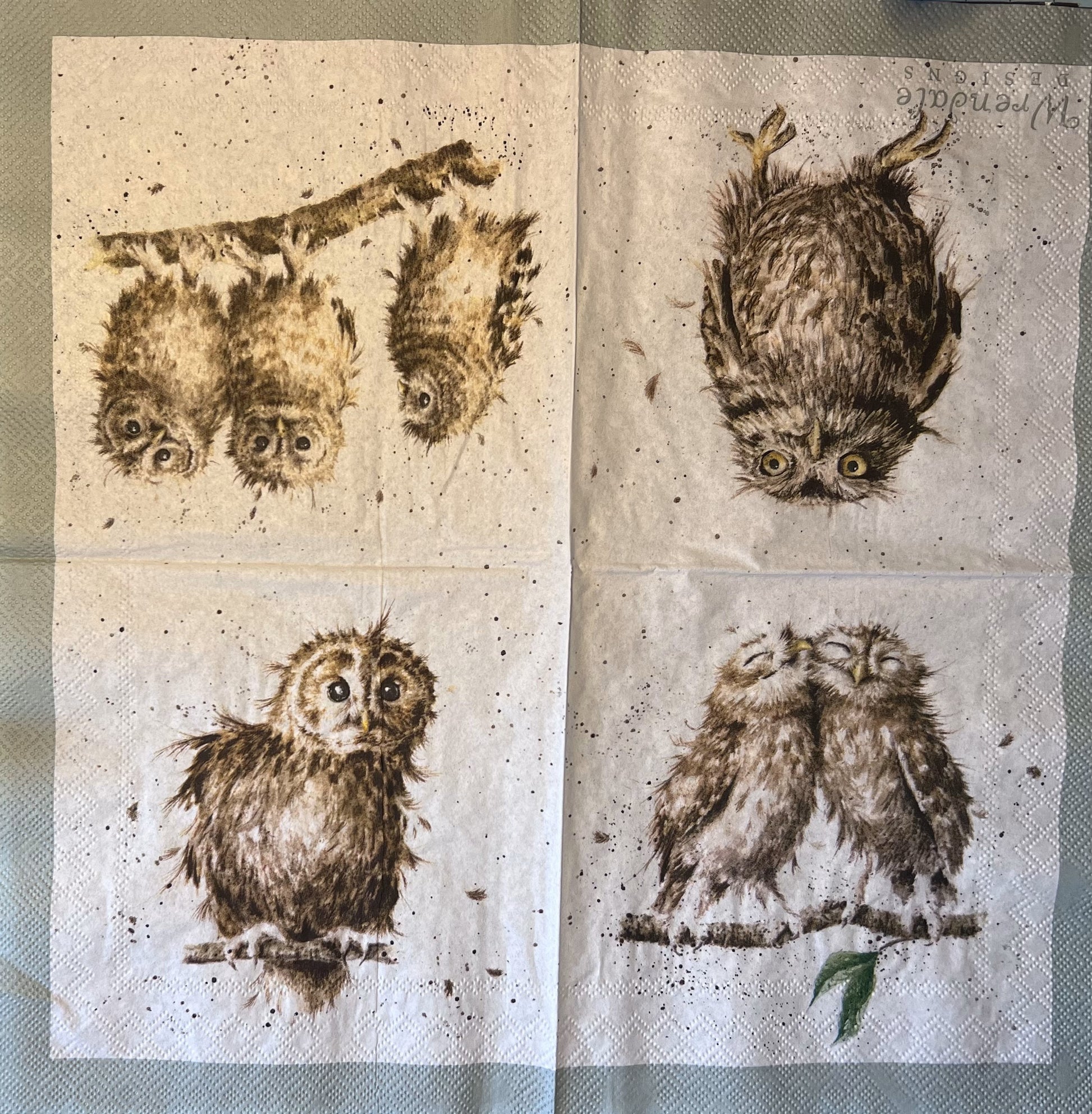 This image shows you the four different owl illustration on this napkin, one in each quadrant of the folded napkin (etsy image id: 4803897442)