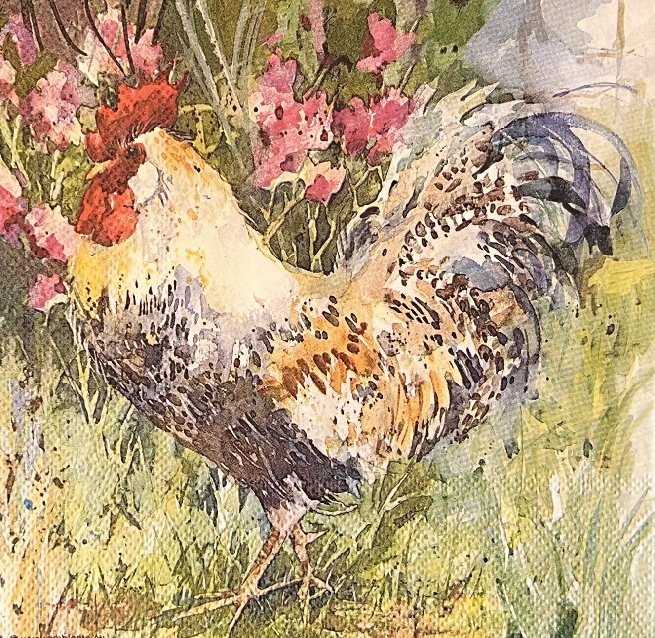 Artistic napkins with Chickens barnyard, hummingbird illustrations, mixed media, collage, Paper crafting (etsy image id: 4805696810)