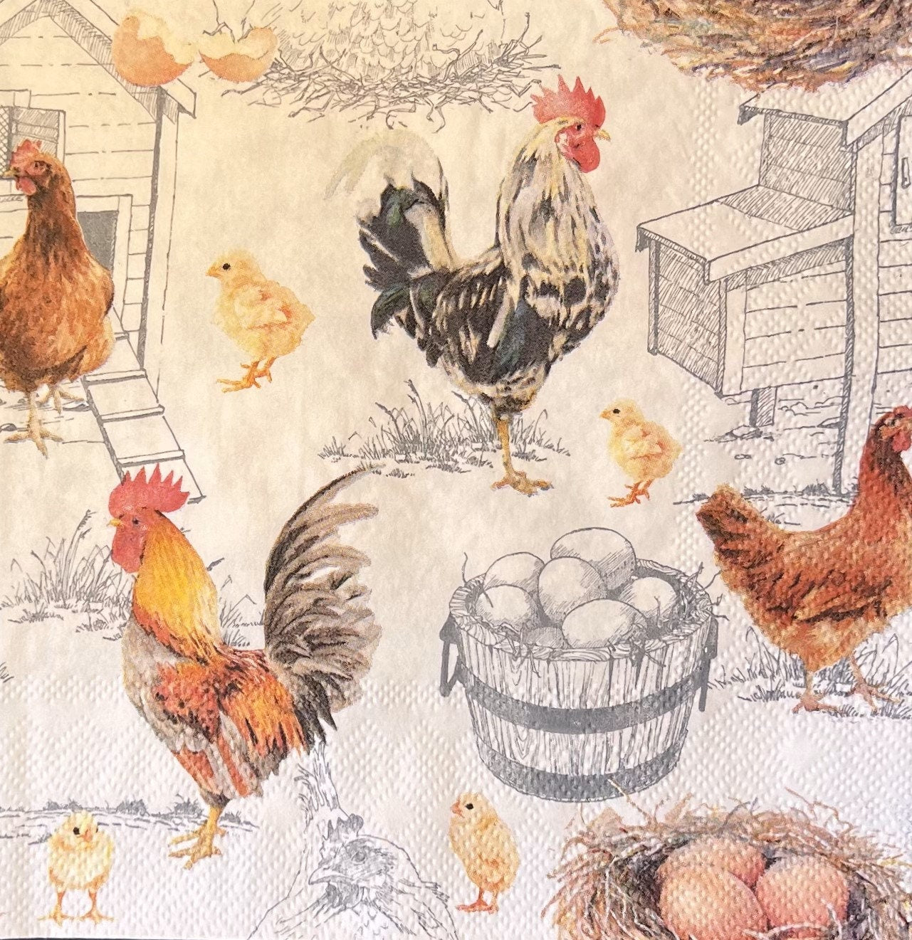 Artistic napkins with Chickens barnyard, hummingbird illustrations, mixed media, collage, Paper crafting (etsy image id: 4805697142)