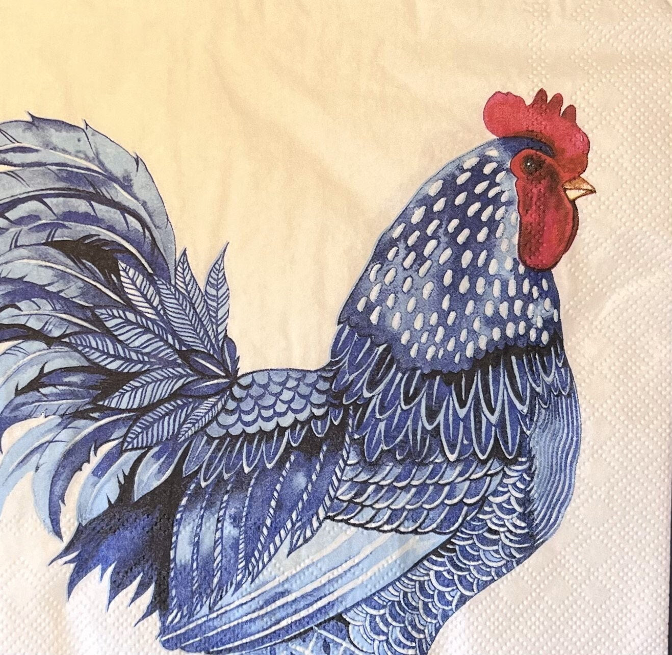 Artistic napkins with Chickens barnyard, hummingbird illustrations, mixed media, collage, Paper crafting (etsy image id: 4805699366)