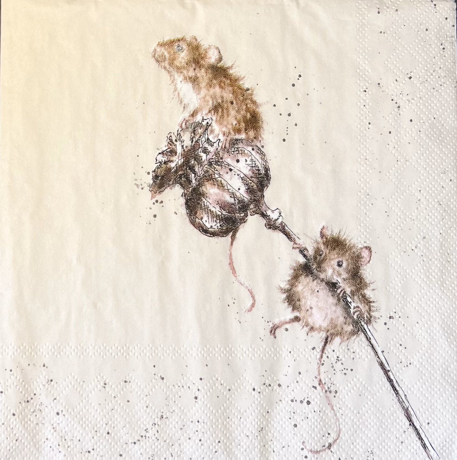This image is a watercolor illustration napkin with a brown mouse on top of a flower and another mouse holding onto the stem as it tries to join the other mouse. (etsy image id: 4852164243)