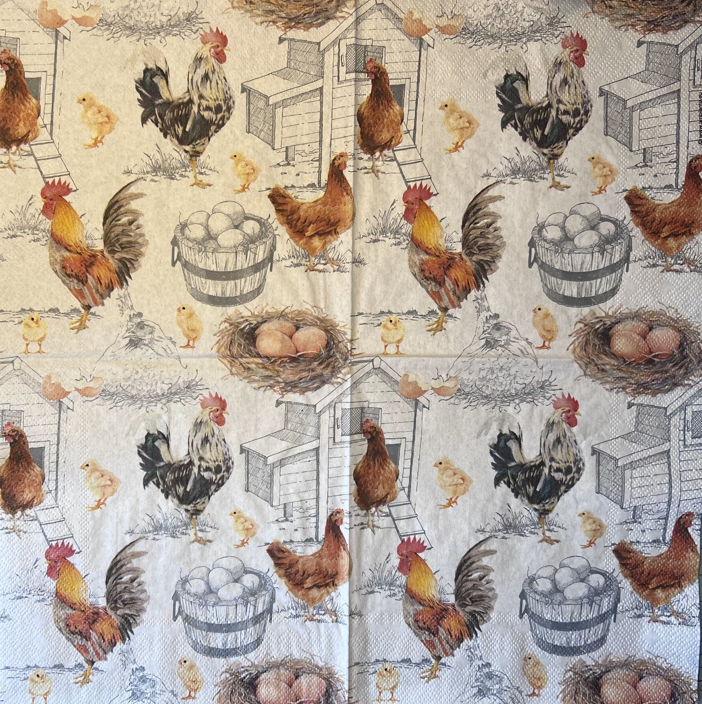 Artistic napkins with Chickens barnyard, hummingbird illustrations, mixed media, collage, Paper crafting (etsy image id: 4853961569)