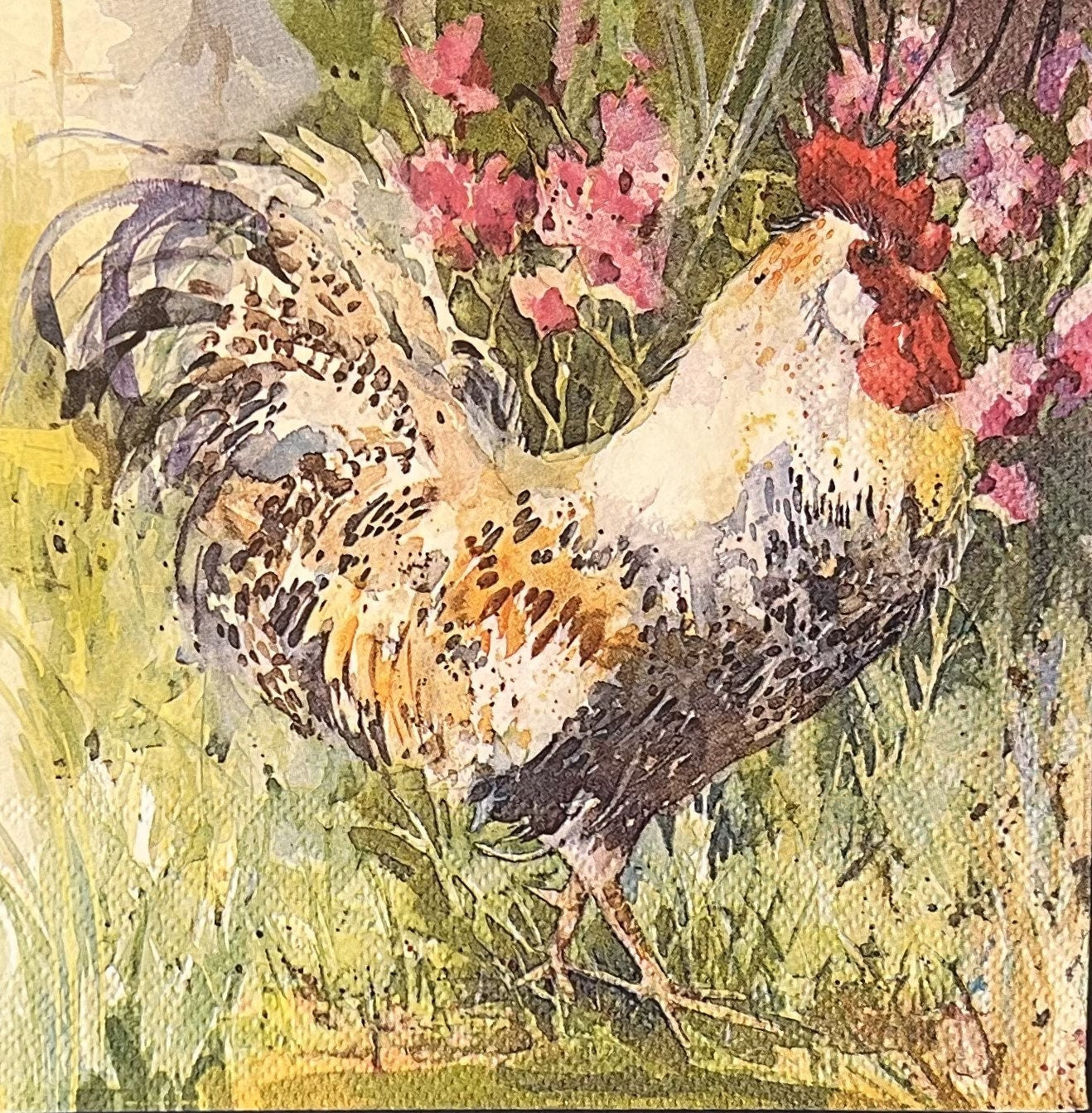 Artistic napkins with Chickens barnyard, hummingbird illustrations, mixed media, collage, Paper crafting (etsy image id: 4853962385)