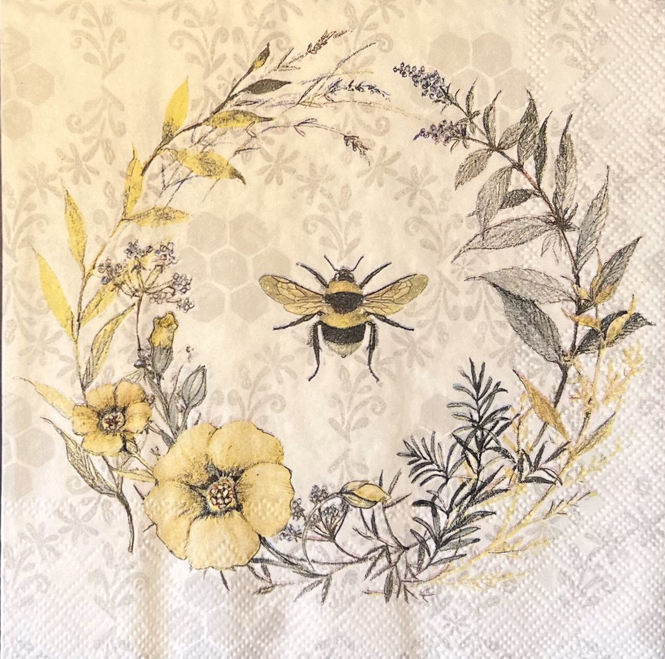 Artistic napkins Florals and bee  illustrations, mixed media, collage, Paper crafting (etsy image id: 4854412201)