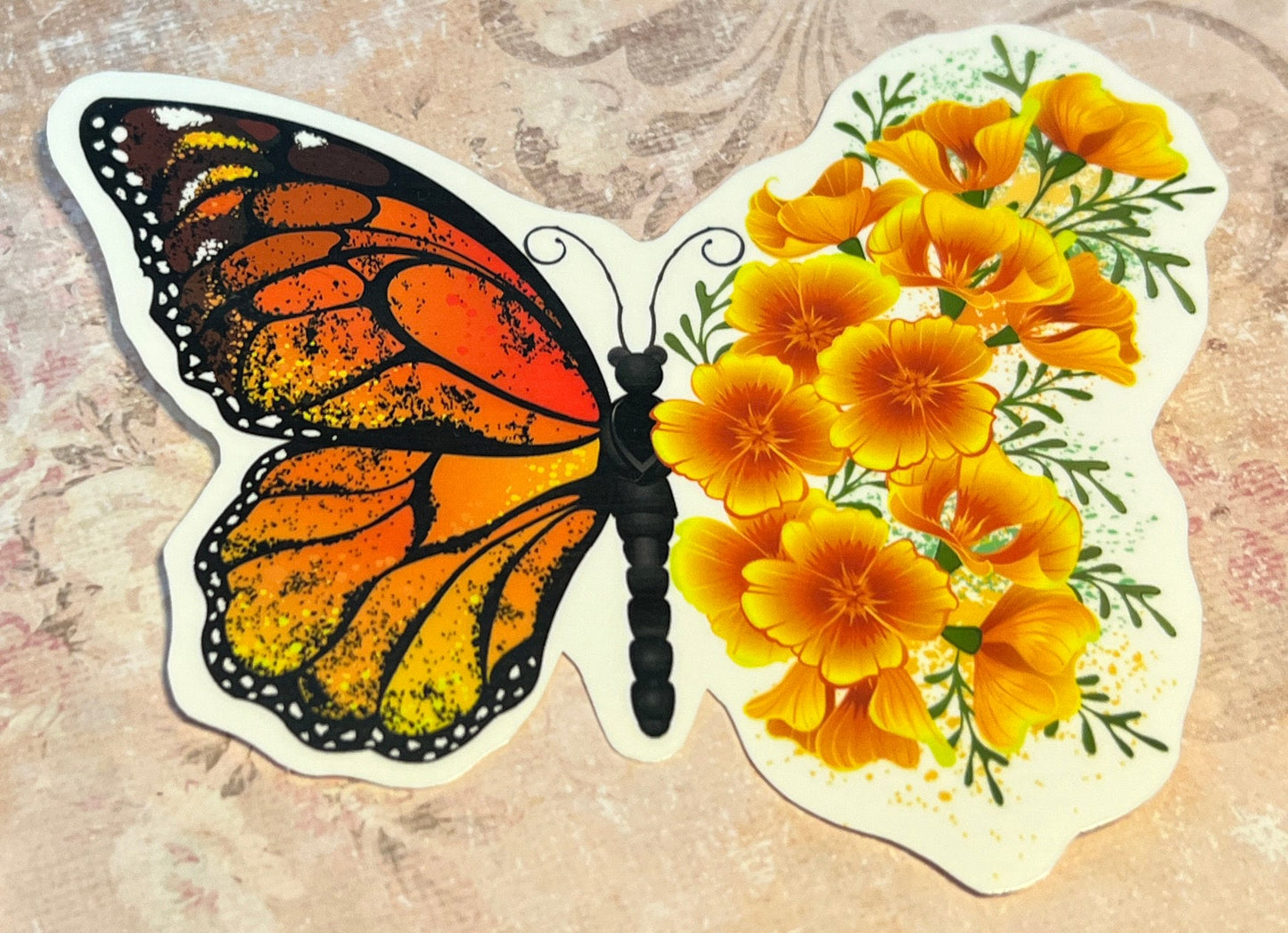 Set of 4 Butterfly stickers, one side of the Butterfly is a butterfly wing and the other side is a floral style wing. There is a Monarch butterfly (etsy image id: 5603910090)