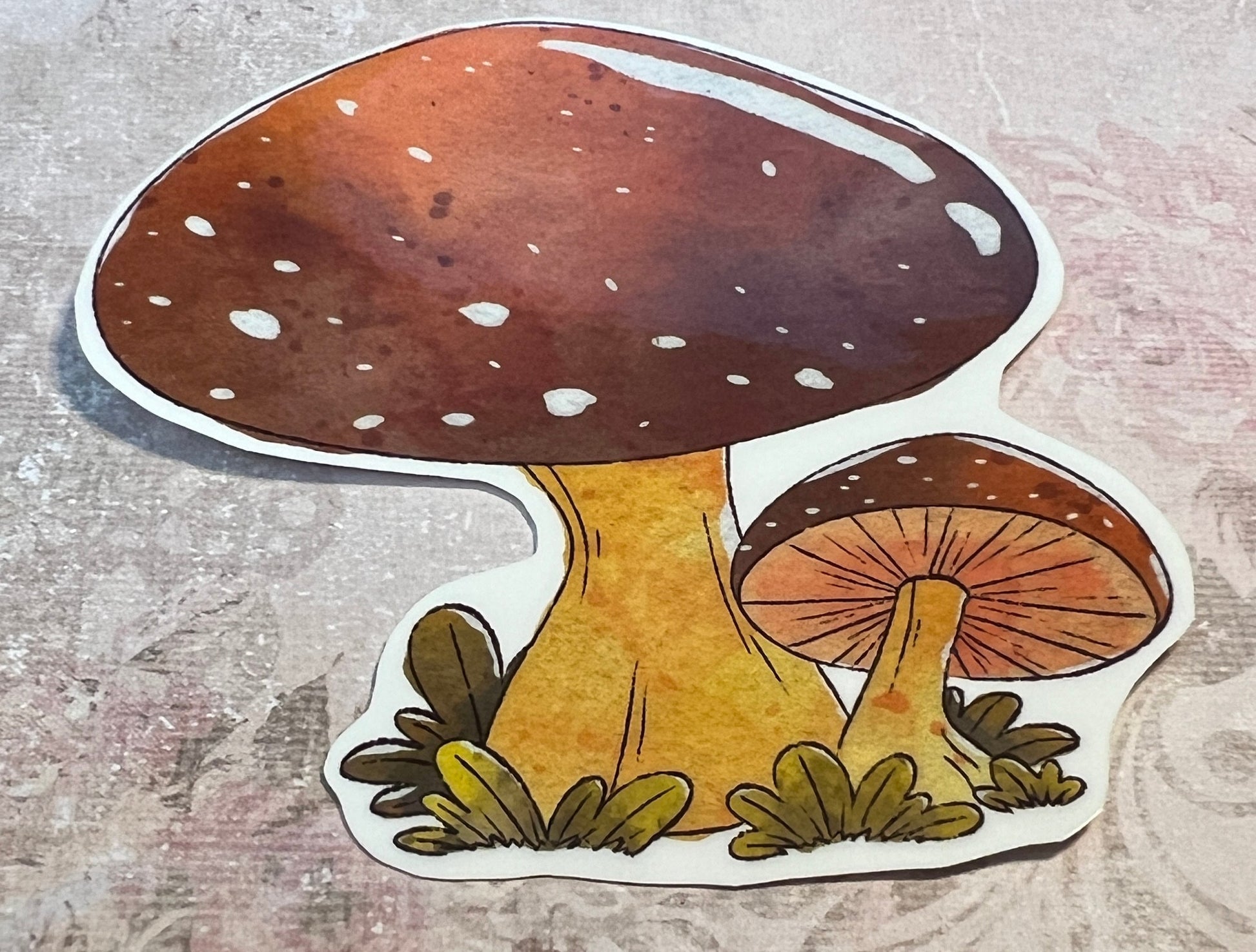mushroom vinyl sticker in rusts, darker yellows, light oranges and greens (etsy image id: 5603918316)