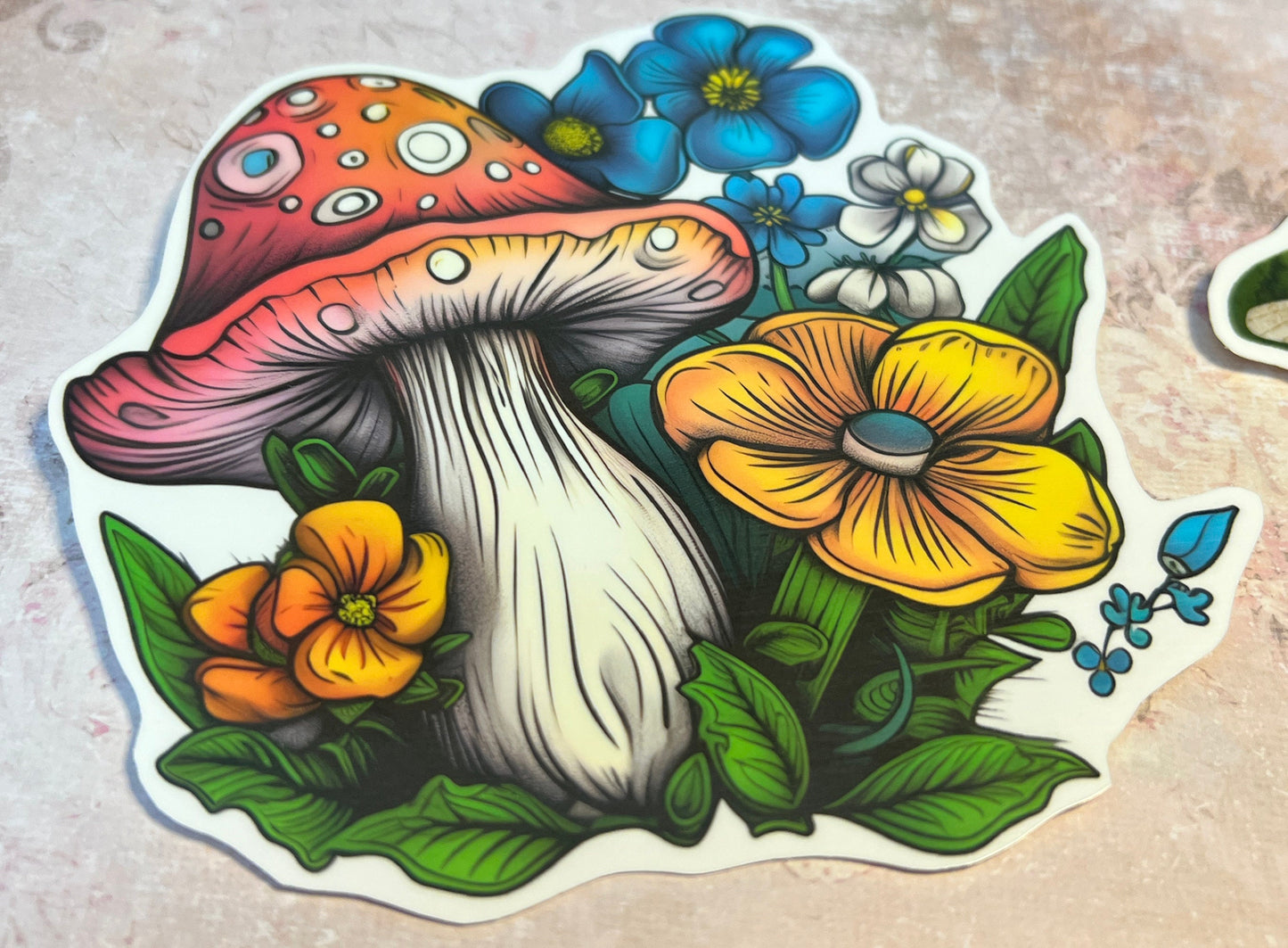multi color stylized mushroom and florals vinyl sticker (etsy image id: 5603918446)