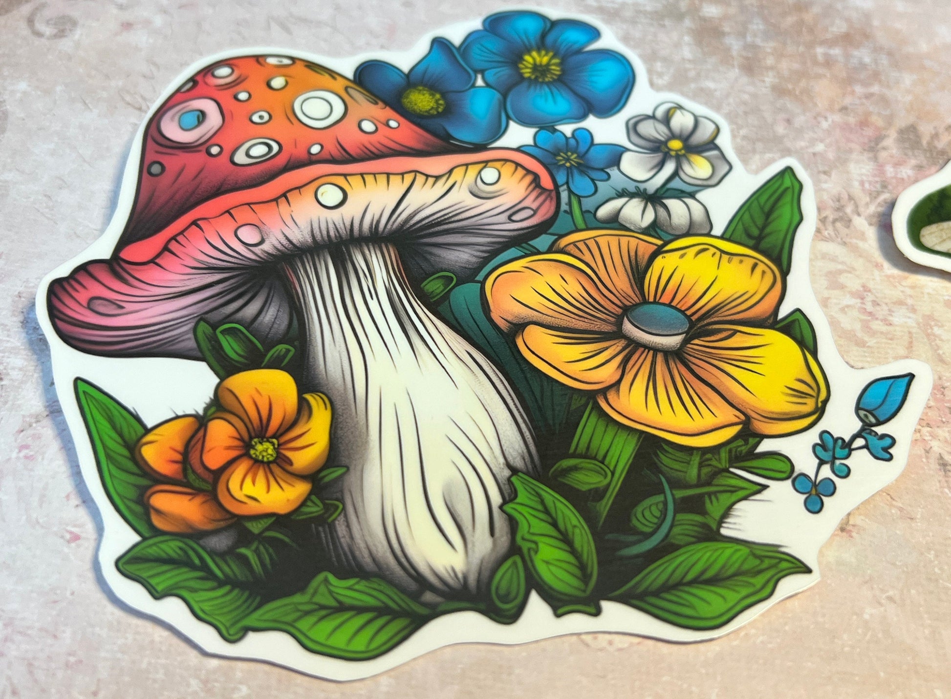 multi color stylized mushroom and florals vinyl sticker (etsy image id: 5603918446)