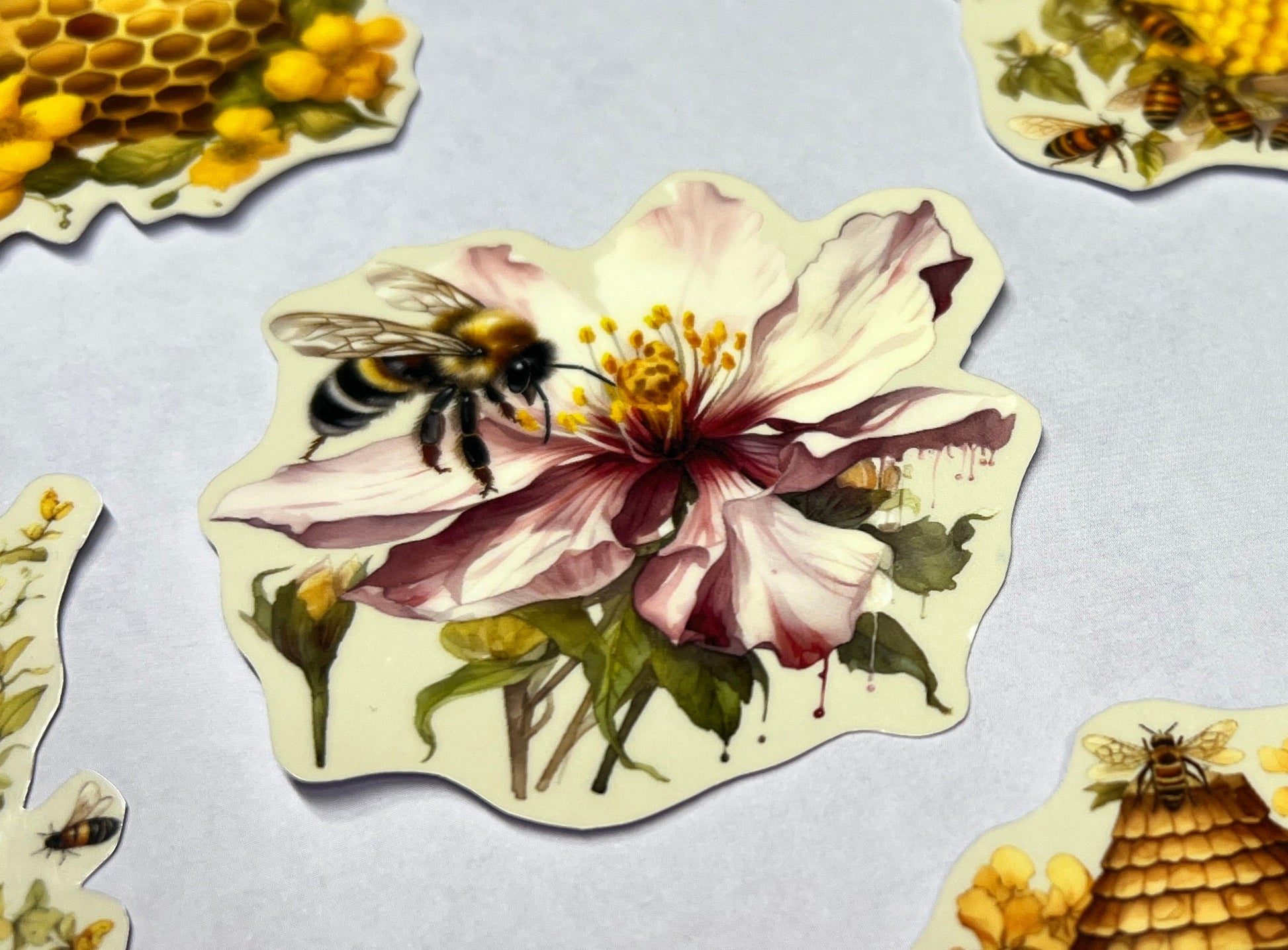 Bee on pink flower sticker (etsy image id: 5624305590)