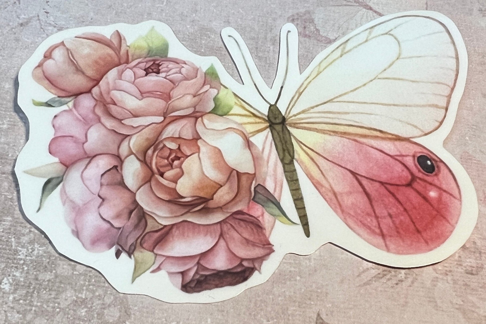 Set of 4 Butterfly stickers, one side of the Butterfly is a butterfly wing and the other side is a floral style wing. There is a pale pink and white butterfly (etsy image id: 5651995325)