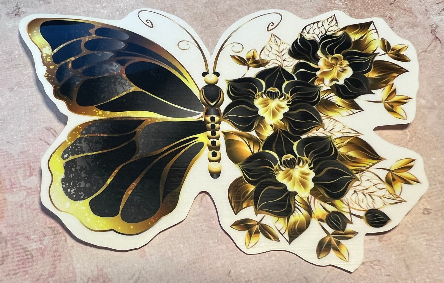 Set of 4 Butterfly stickers, one side of the Butterfly is a butterfly wing and the other side is a floral style wing. There is a black butterfly sticker. (etsy image id: 5651995385)