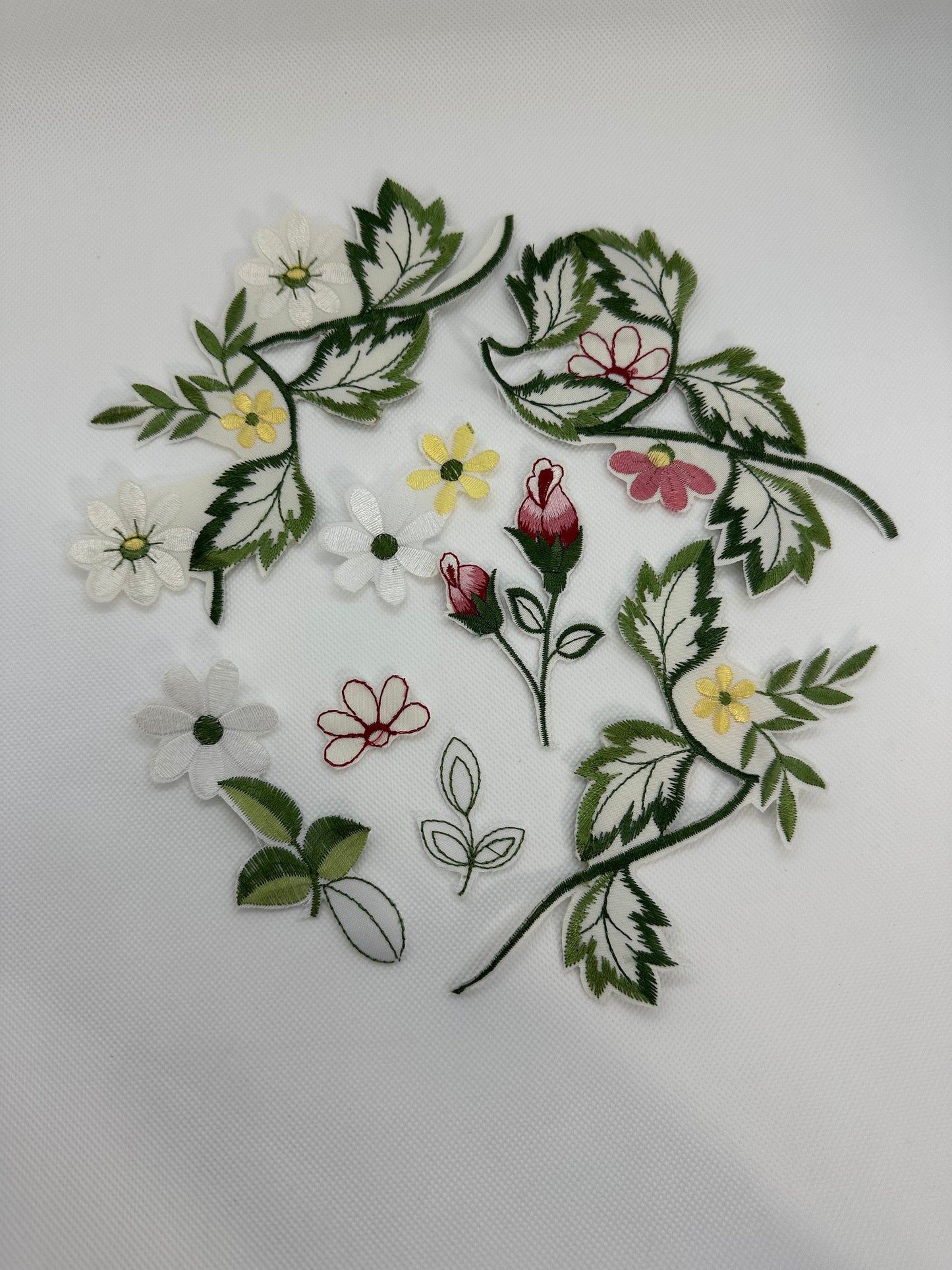 Floral Embroidery appliques of flowers and leaves- up cycled (etsy image id: 5748715956)