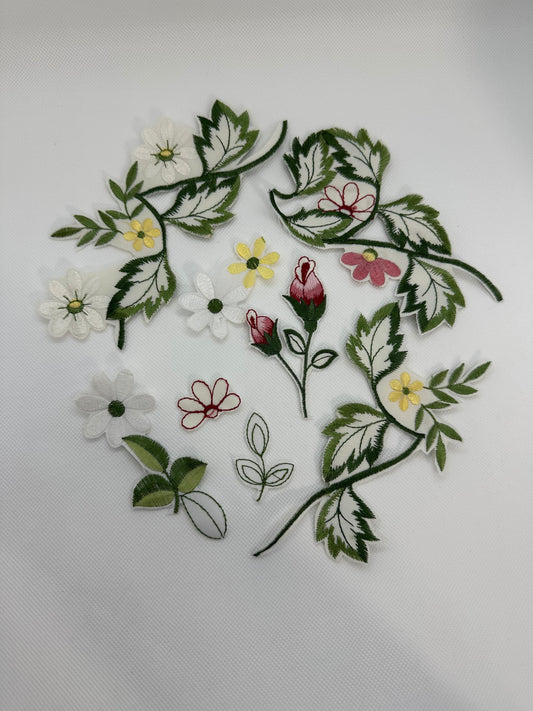 Floral Embroidery appliques of flowers and leaves- up cycled (etsy image id: 5748715956)