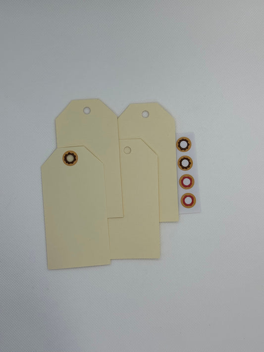 Maila Tags with donut stickers for the tag hole (etsy image id: 5849987182)