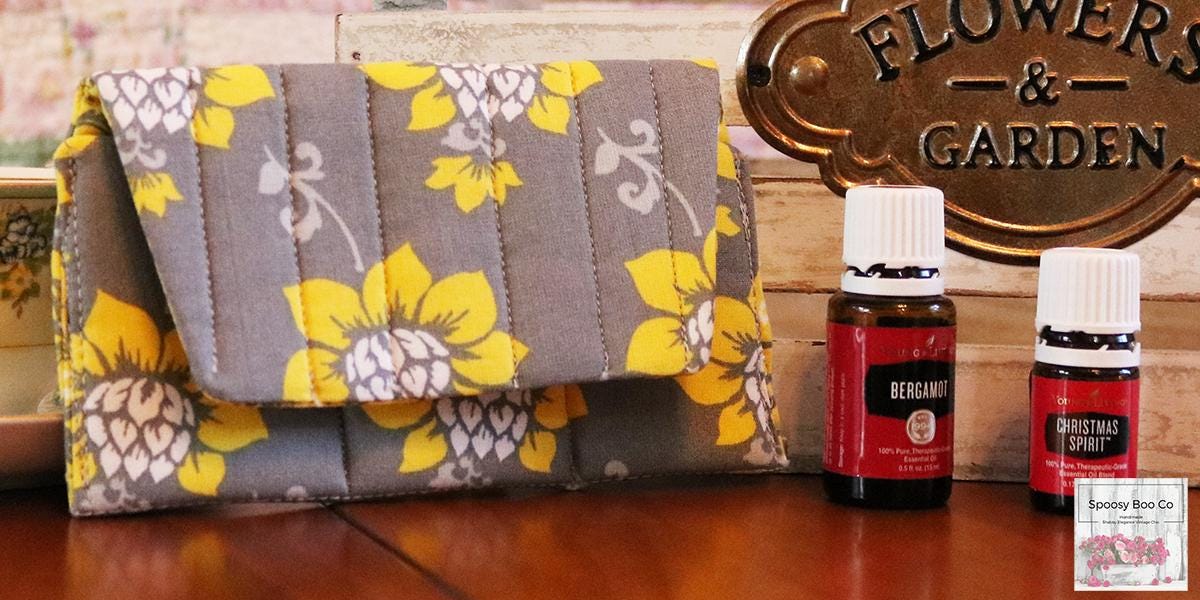 Essential Oil Bag 3 bottle capacity snap closure Grey with Yellow flowers Padded Handmade (etsy image id: 6528065564)