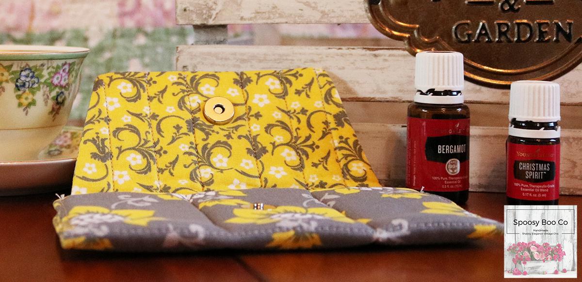 Essential Oil Bag 3 bottle capacity snap closure Grey with Yellow flowers Padded Handmade (etsy image id: 6528065590)