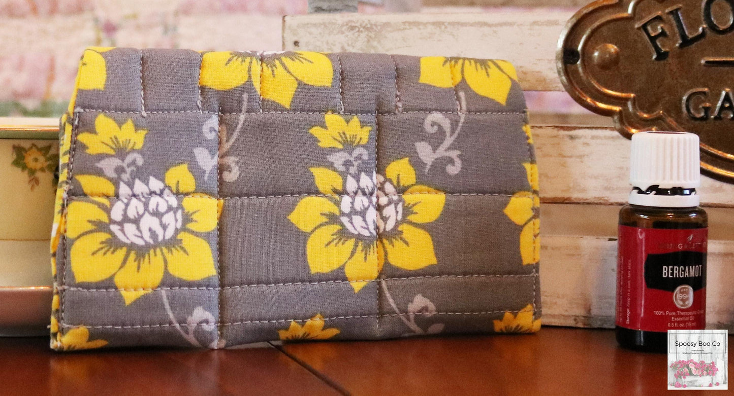 Essential Oil Bag 3 bottle capacity snap closure Grey with Yellow flowers Padded Handmade (etsy image id: 6576185425)