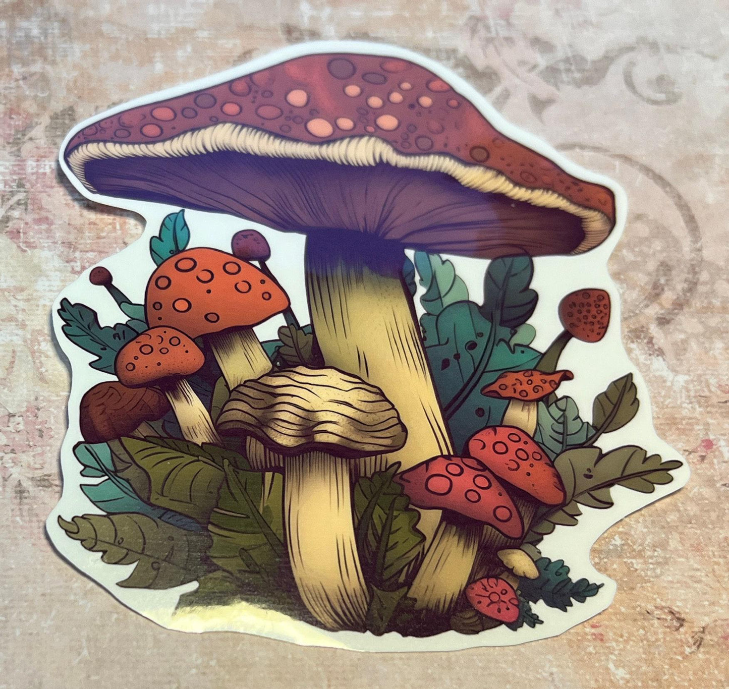 Large mushroom with smaller mushrooms underneath it along with greenery in orange reds with tan and greens sticker (etsy image id: 6616353307)