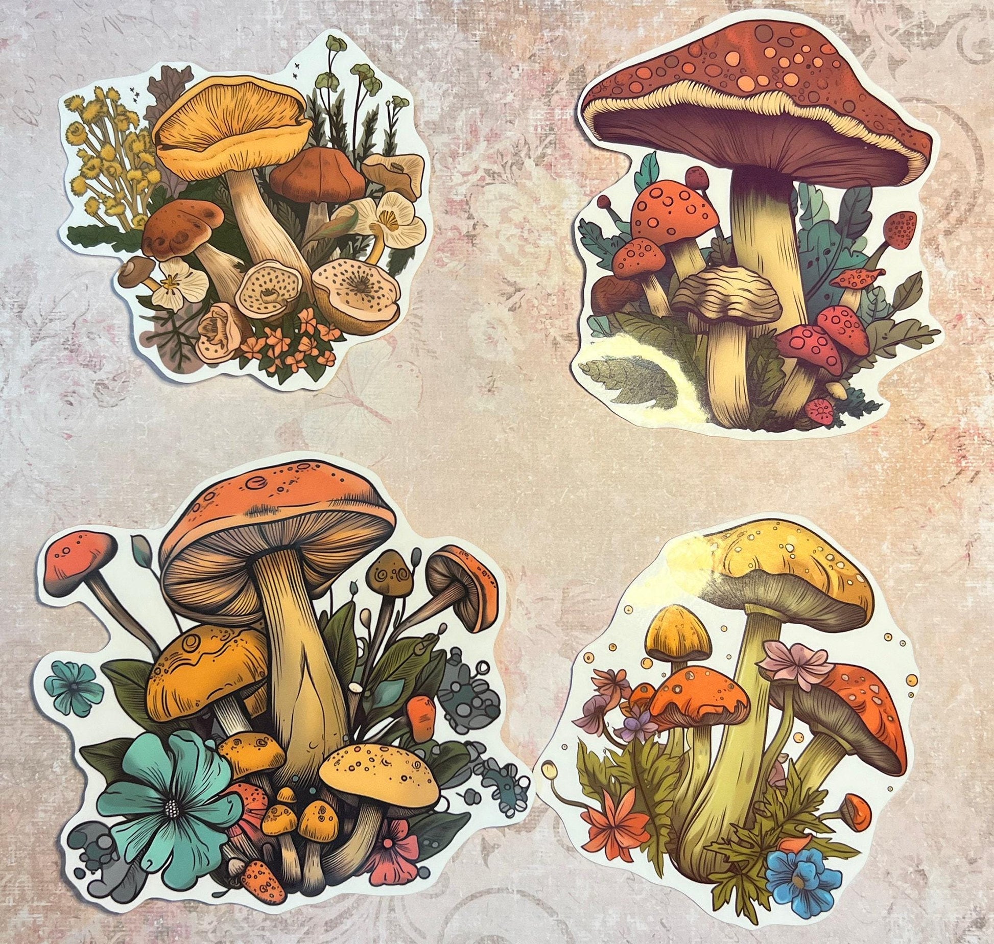 four stickers in photo, with mushrooms in fall colors (etsy image id: 6616353453)