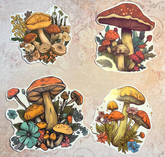 four stickers in photo, with mushrooms in fall colors (etsy image id: 6616353453)
